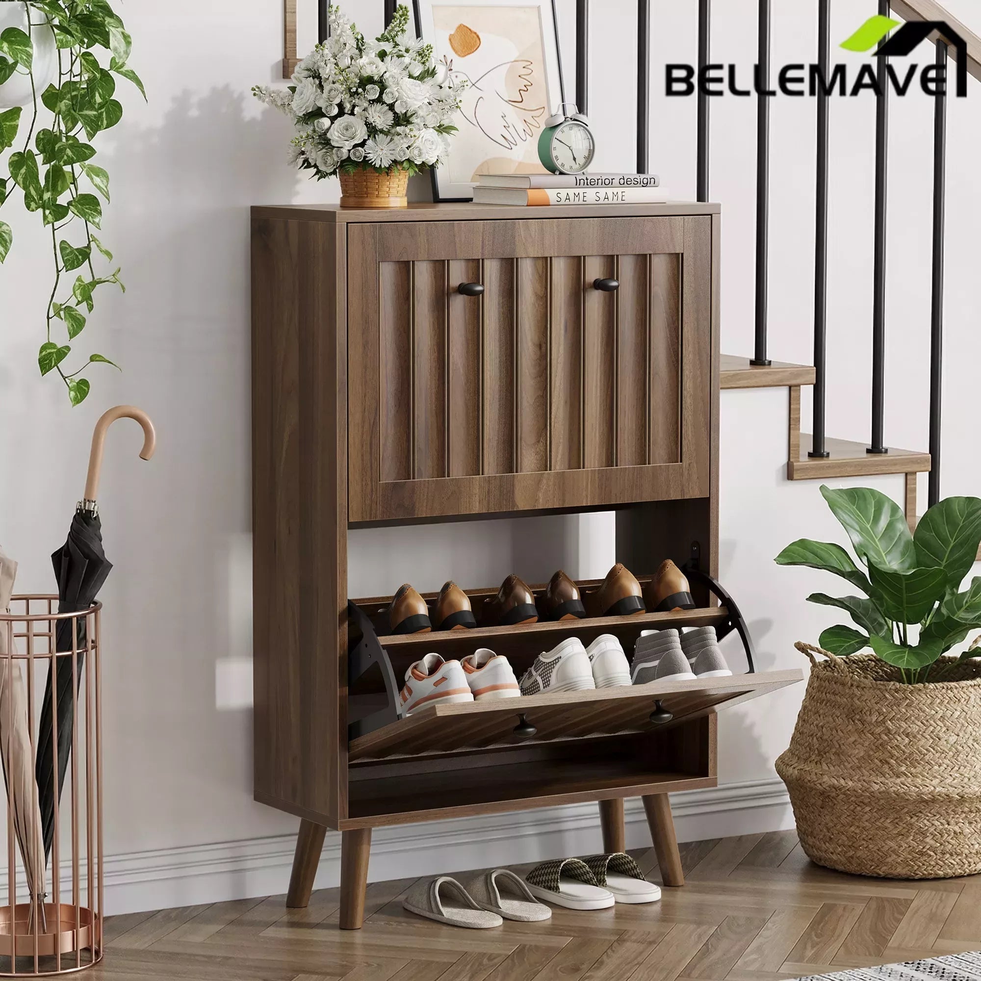 Bellemave® Shoe Cabinet Storage for Entryway with 2 Fluted Flip Drawers, Mid Century Modern Hidden Slim Shoe Organizer Rack Cabinet, Walnut - Bellemave