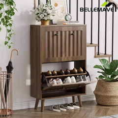 Bellemave® Shoe Cabinet Storage for Entryway with 2 Fluted Flip Drawers, Mid Century Modern Hidden Slim Shoe Organizer Rack Cabinet, Walnut - Bellemave