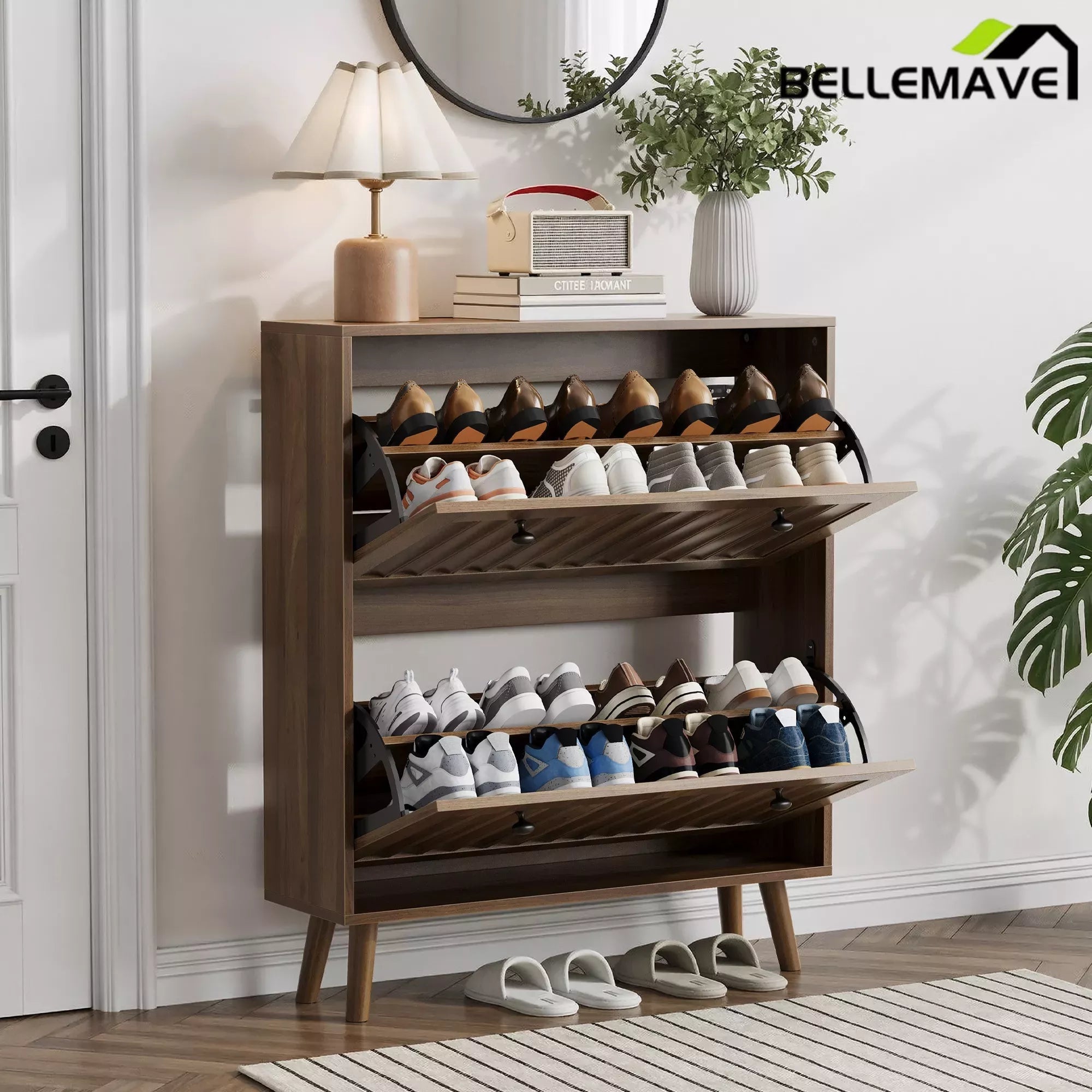 Bellemave® Shoe Cabinet Storage for Entryway with 2 Fluted Flip Drawers, Mid Century Modern Hidden Slim Shoe Organizer Rack Cabinet, Walnut - Bellemave