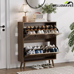 Bellemave® Shoe Cabinet Storage for Entryway with 2 Fluted Flip Drawers, Mid Century Modern Hidden Slim Shoe Organizer Rack Cabinet, Walnut - Bellemave