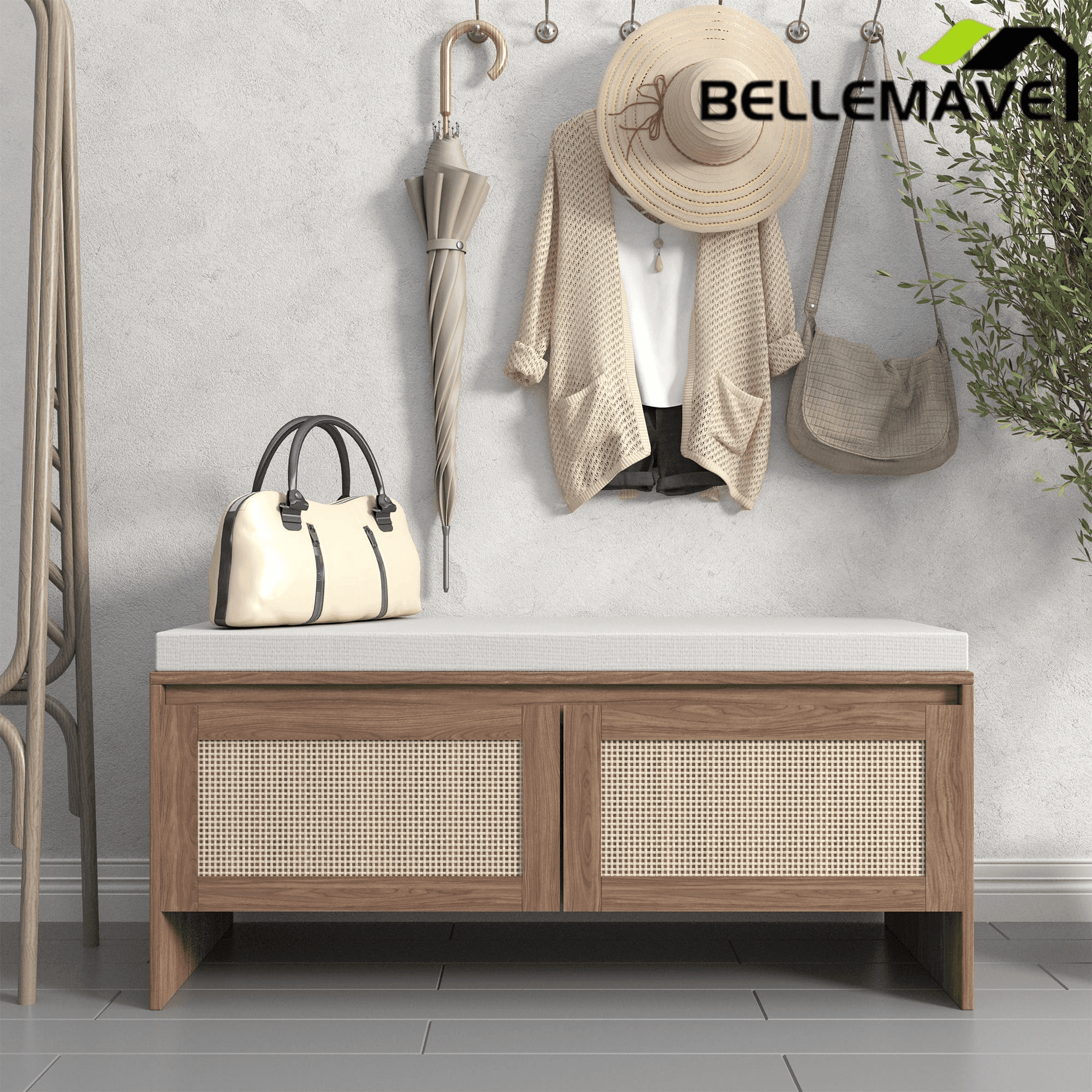 Bellemave® Shoe Storage Bench for Entryway with Storage Cabinet & Seating, Entryway Bench Seat with Shoe Rack, Wooden Storage Bench with Cushion - Bellemave
