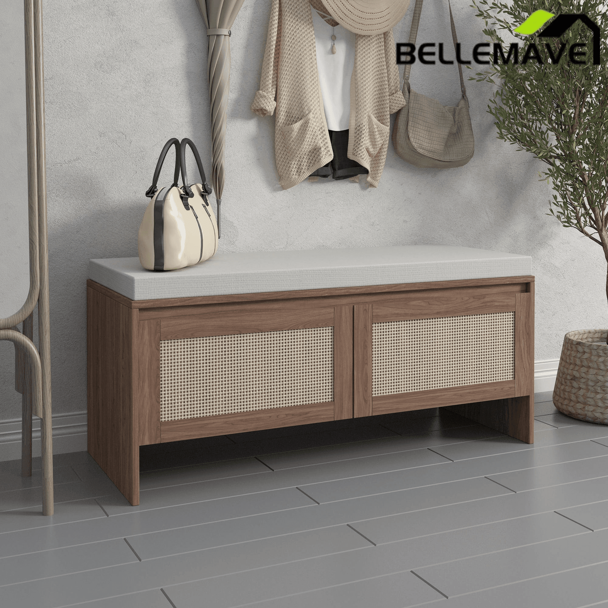 Bellemave® Shoe Storage Bench for Entryway with Storage Cabinet & Seating, Entryway Bench Seat with Shoe Rack, Wooden Storage Bench with Cushion - Bellemave