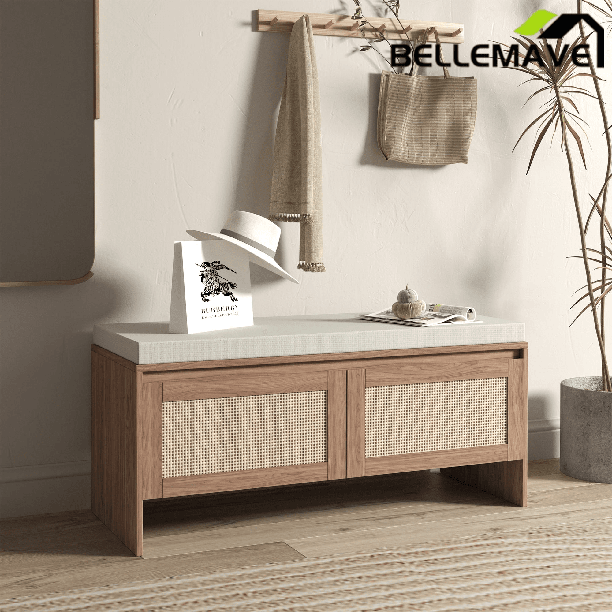 Bellemave® Shoe Storage Bench for Entryway with Storage Cabinet & Seating, Entryway Bench Seat with Shoe Rack, Wooden Storage Bench with Cushion - Bellemave
