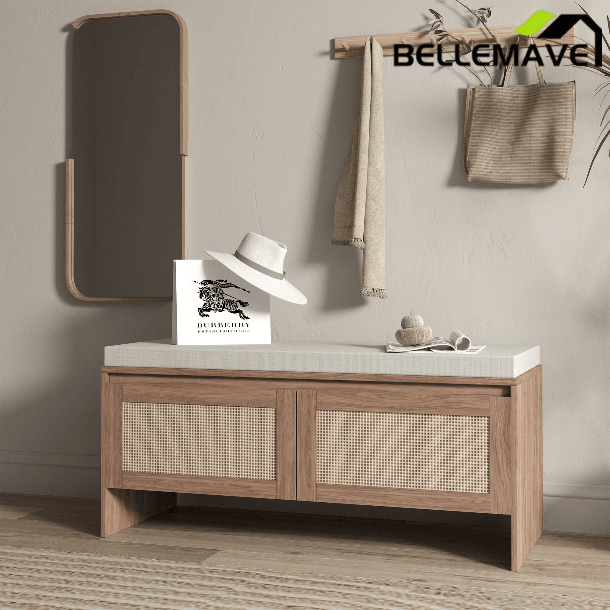 Bellemave® Shoe Storage Bench for Entryway with Storage Cabinet & Seating, Entryway Bench Seat with Shoe Rack, Wooden Storage Bench with Cushion - Bellemave