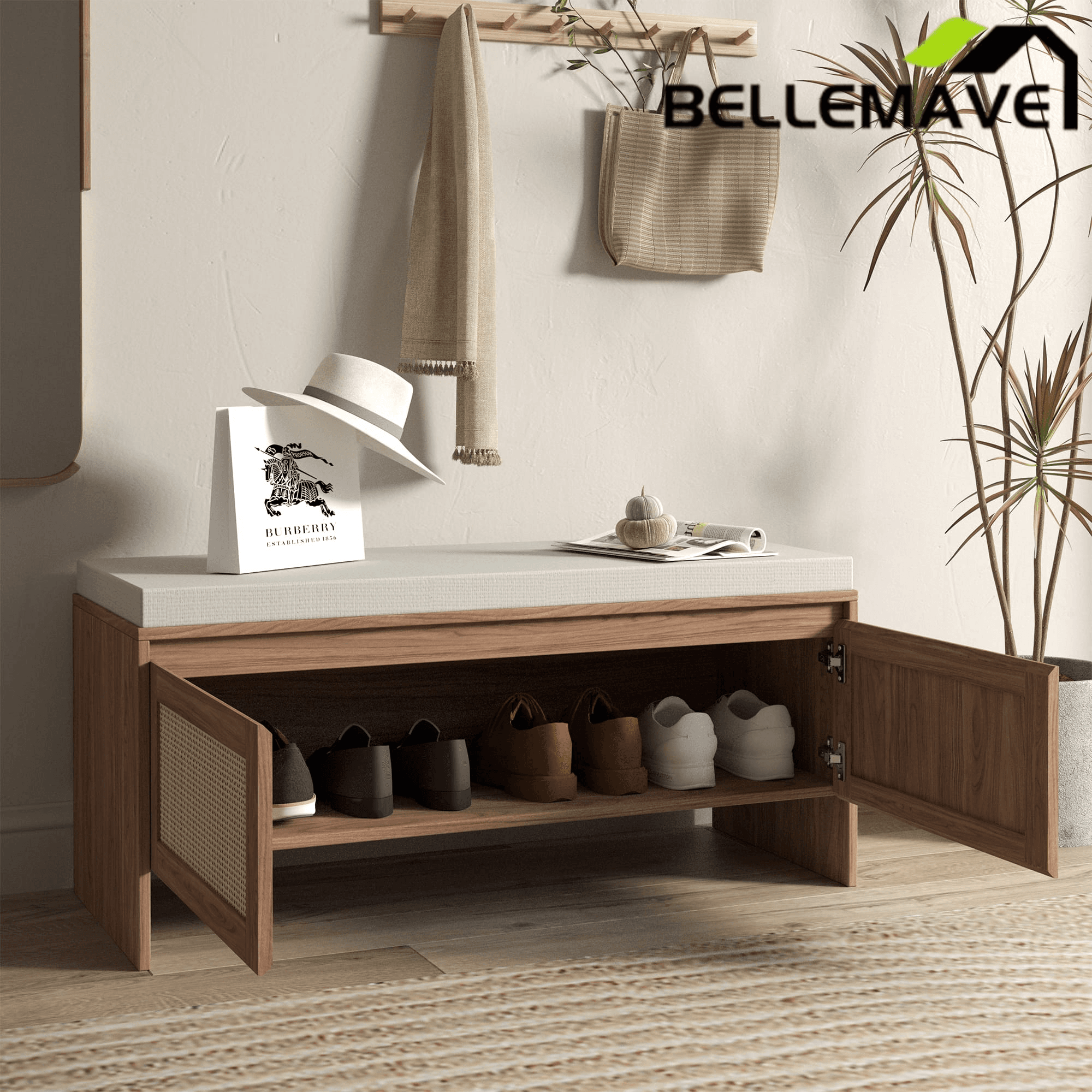 Bellemave® Shoe Storage Bench for Entryway with Storage Cabinet & Seating, Entryway Bench Seat with Shoe Rack, Wooden Storage Bench with Cushion - Bellemave