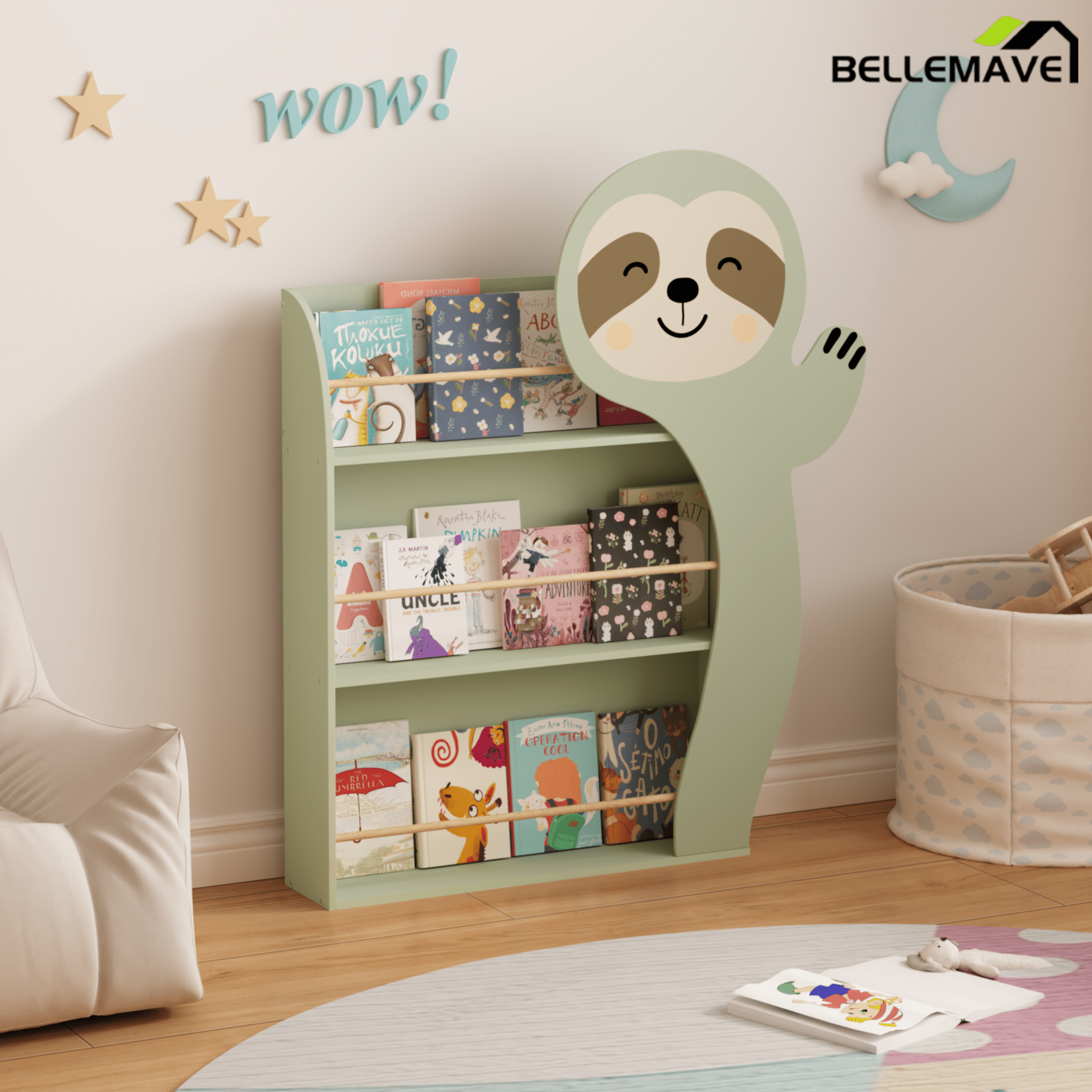 Bellemave® Sloth Bookshelf, 3 - Tier Front Facing Book Display Rack with Anti - Tip Kit, Safe MDF Wooden Shelf for Playroom & Bedroom Organization in Sage Green - Bellemave