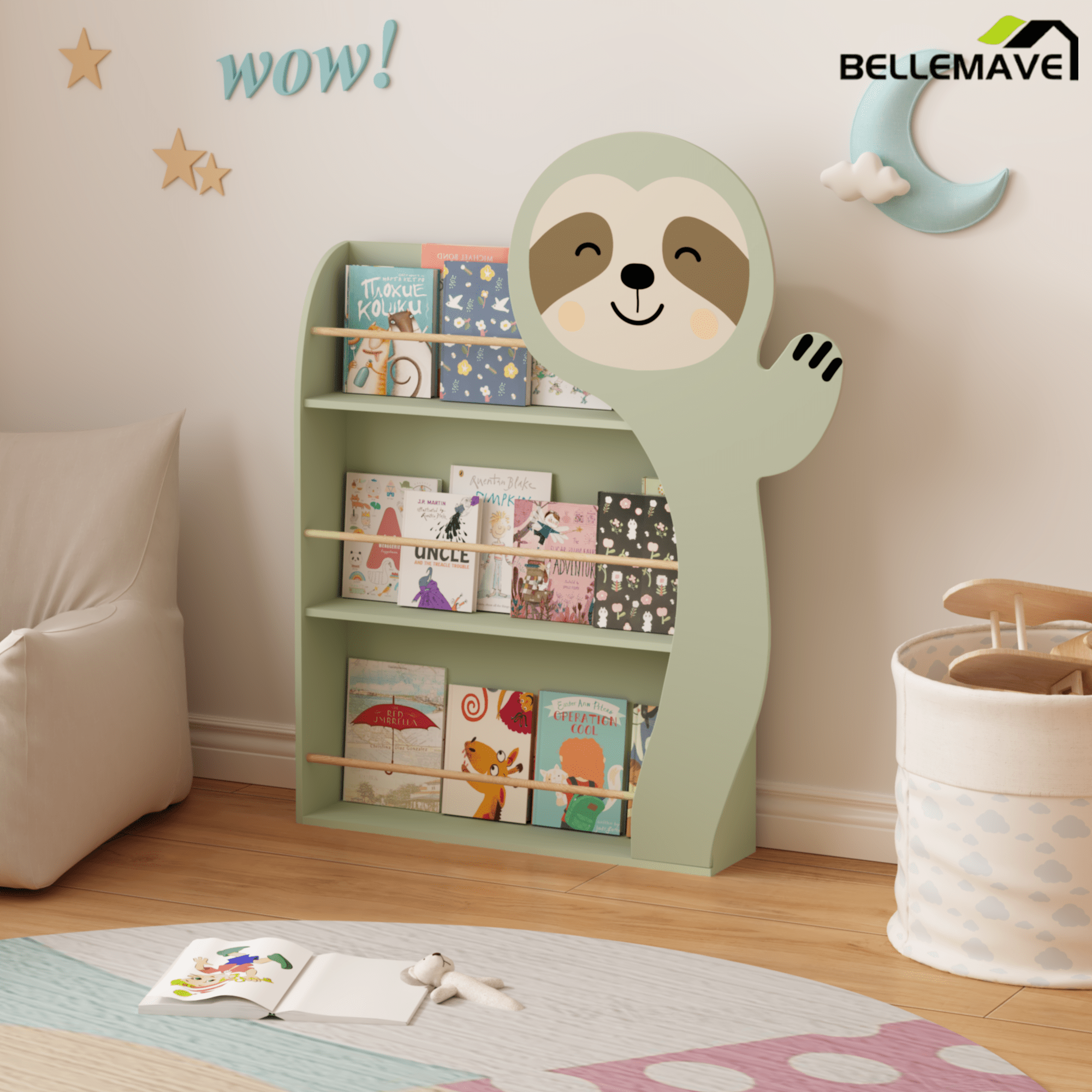 Bellemave® Sloth Bookshelf, 3 - Tier Front Facing Book Display Rack with Anti - Tip Kit, Safe MDF Wooden Shelf for Playroom & Bedroom Organization in Sage Green - Bellemave