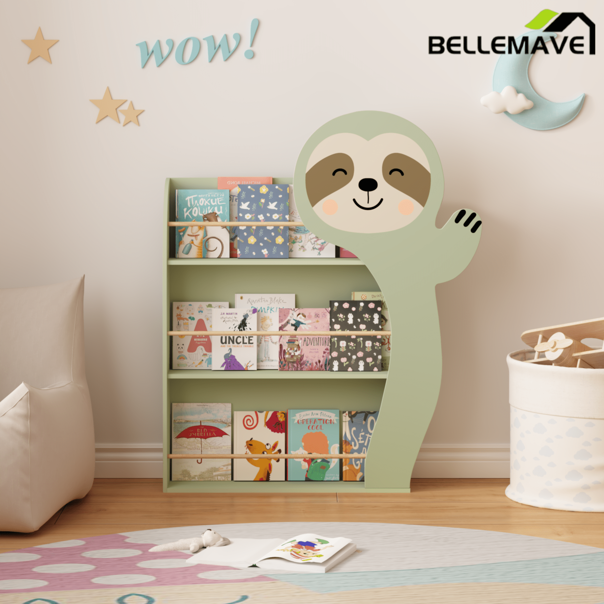 Bellemave® Sloth Kids Bookshelf, 3 - Tier Front - Facing Toddler Book Display Rack, MDF Nursery Storage - Bellemave