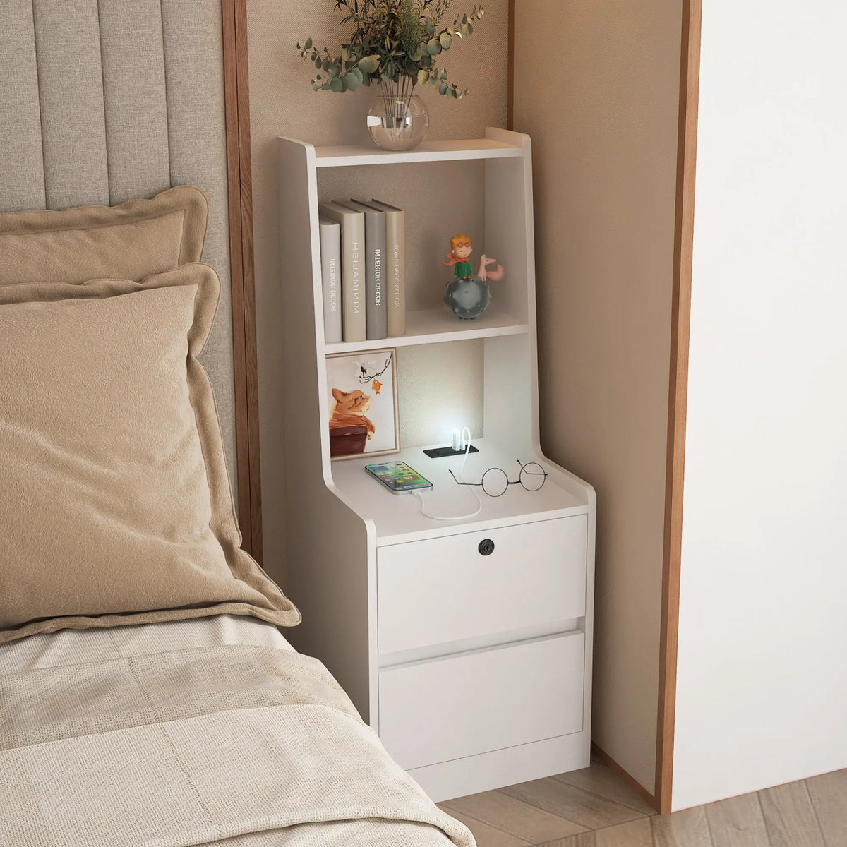 Bellemave® Smart Nightstand with Charging Station, Night Light and Bookshelf - Bellemave