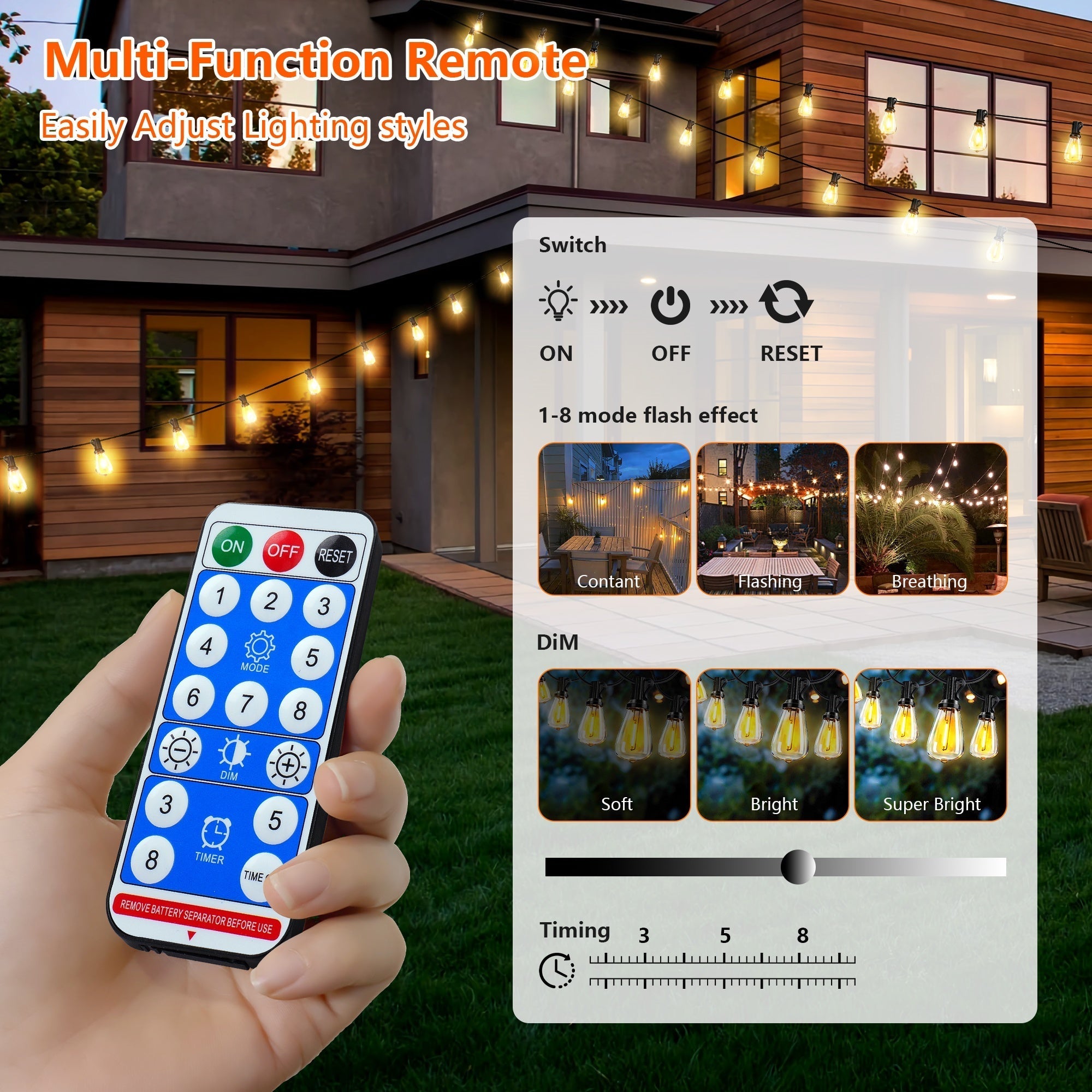 Bellemave® Solar String Lights Outdoor Waterproof, 60/100FT LED Bulbs with Remote & USB, Dimmable Patio Lights - Bellemave