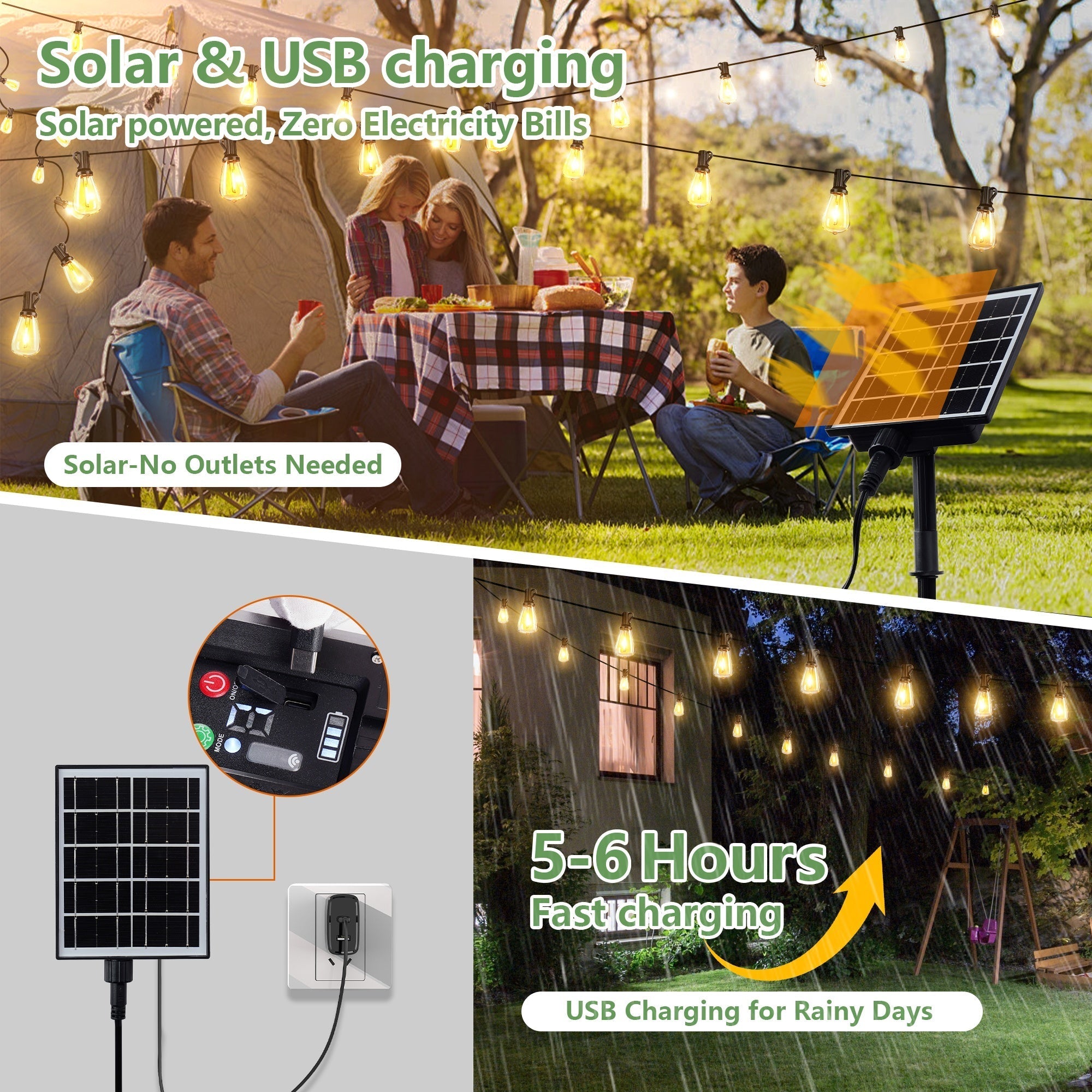 Bellemave® Solar String Lights Outdoor Waterproof, 60/100FT LED Bulbs with Remote & USB, Dimmable Patio Lights - Bellemave