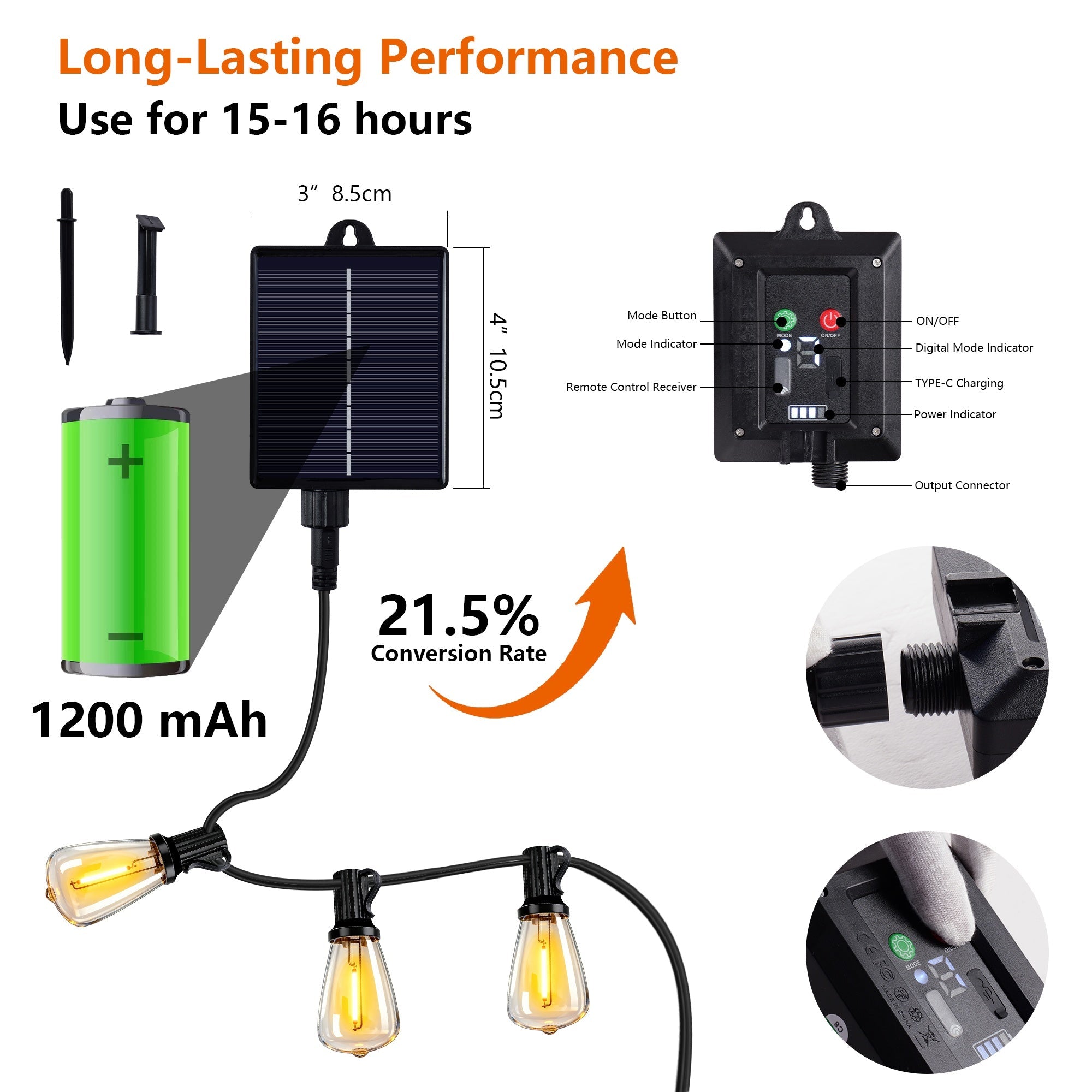 Bellemave® Solar String Lights Outdoor Waterproof, 60/100FT LED Bulbs with Remote & USB, Dimmable Patio Lights - Bellemave
