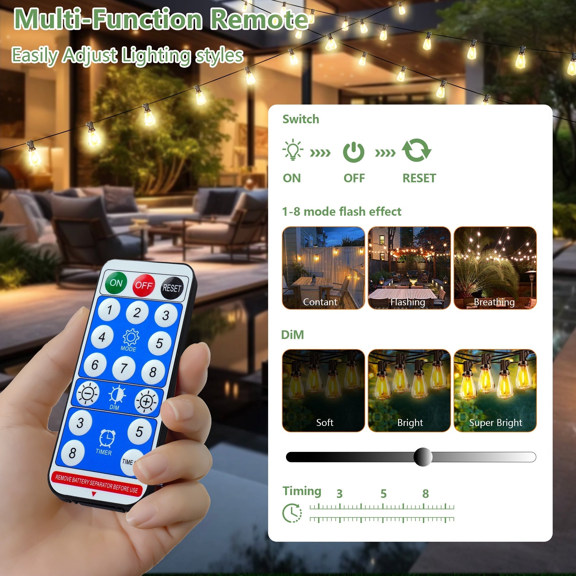 Bellemave® Solar String Lights Outdoor Waterproof, 60/100FT LED Bulbs with Remote & USB, Dimmable Patio Lights - Bellemave