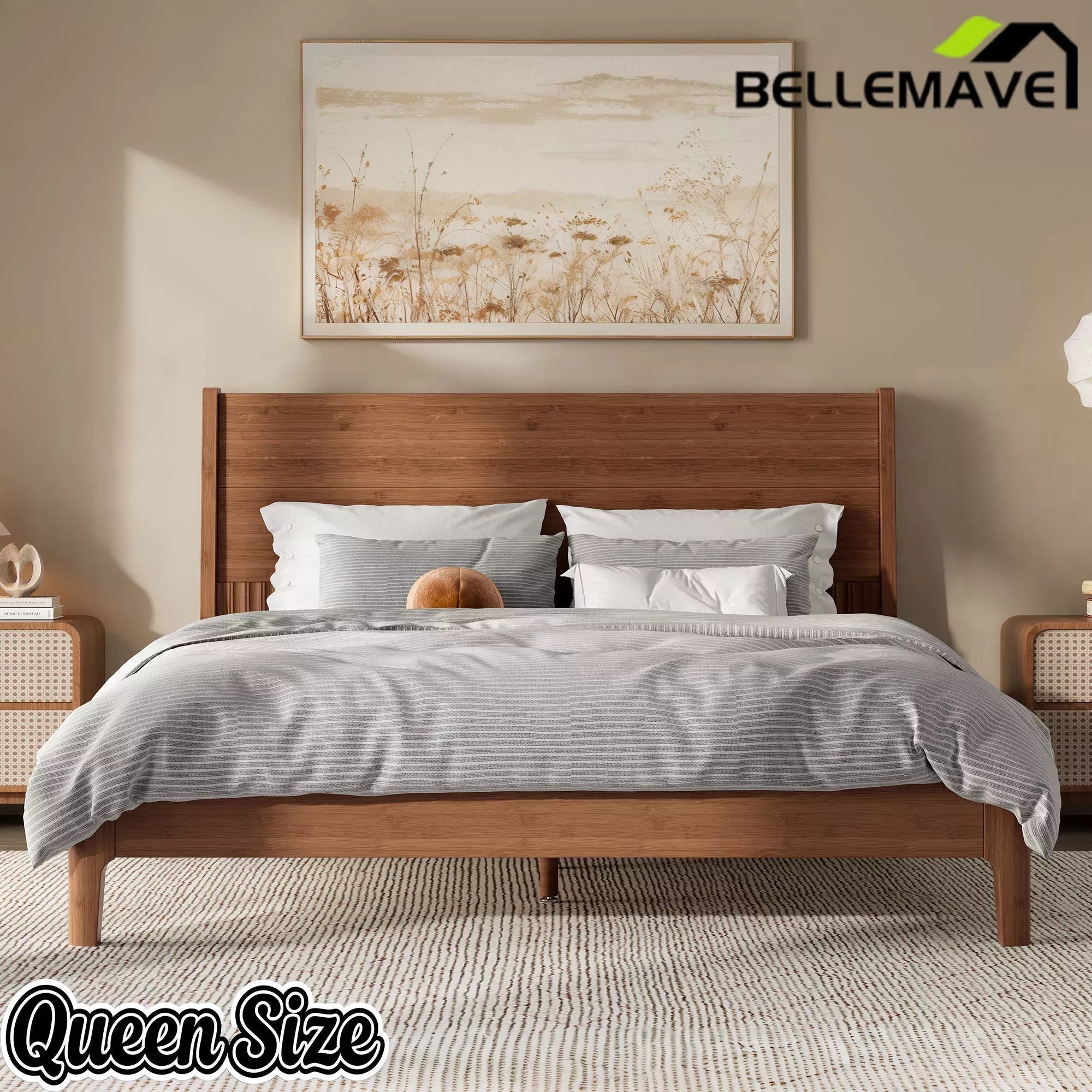 Bellemave® Solid Bamboo Platform Bed Frame & Wood Slats, Japanese Bed Frame, No Box Spring Needed, Easy Assembly, Noise Free - Bellemave