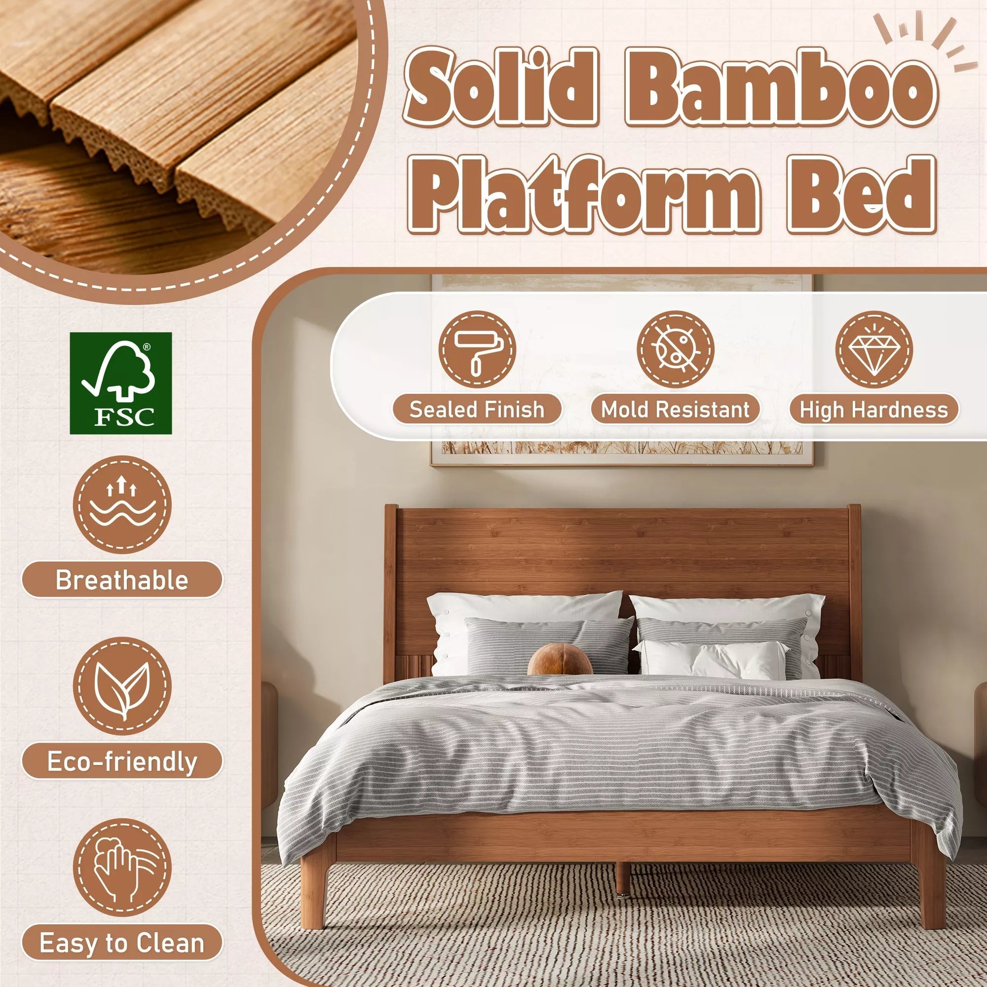Bellemave® Solid Bamboo Platform Bed Frame & Wood Slats, Japanese Bed Frame, No Box Spring Needed, Easy Assembly, Noise Free - Bellemave