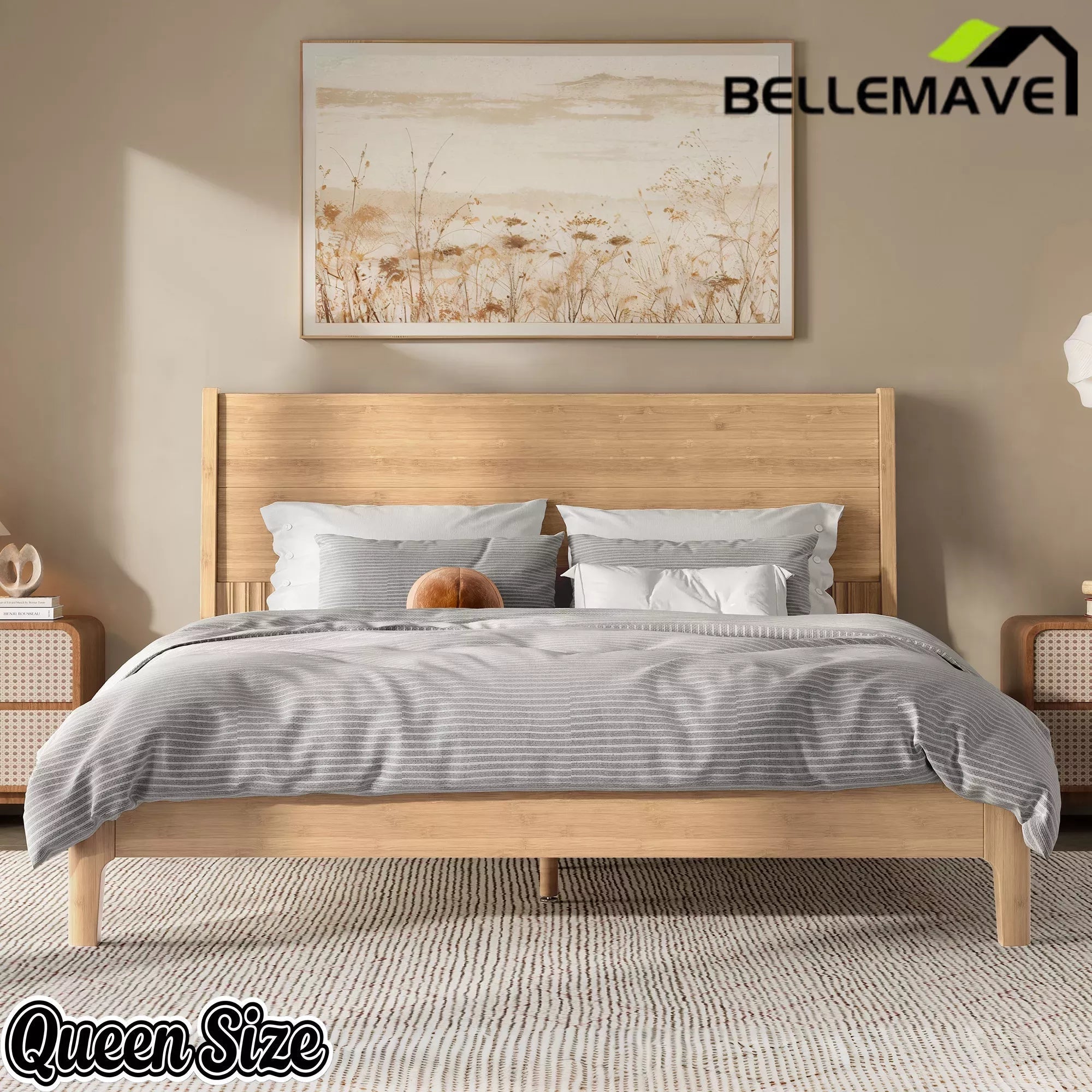 Bellemave® Solid Bamboo Platform Bed Frame & Wood Slats, Japanese Bed Frame, No Box Spring Needed, Easy Assembly, Noise Free - Bellemave