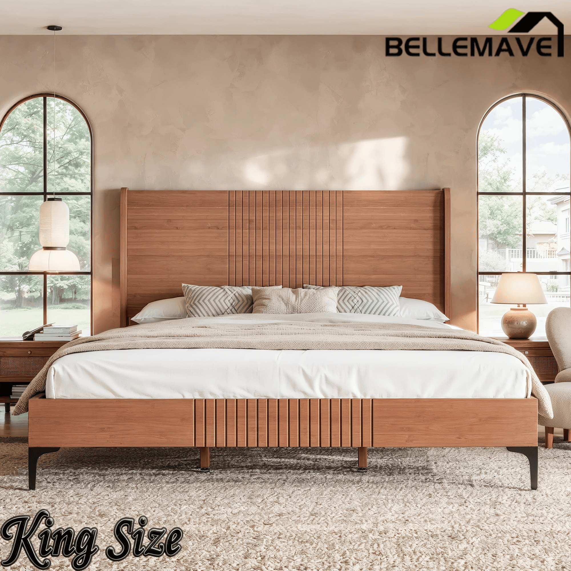 Bellemave® Solid Bamboo Platform Bed, Mid - Century Modern Bed Frame with Headboard, Round Corner Design - Bellemave