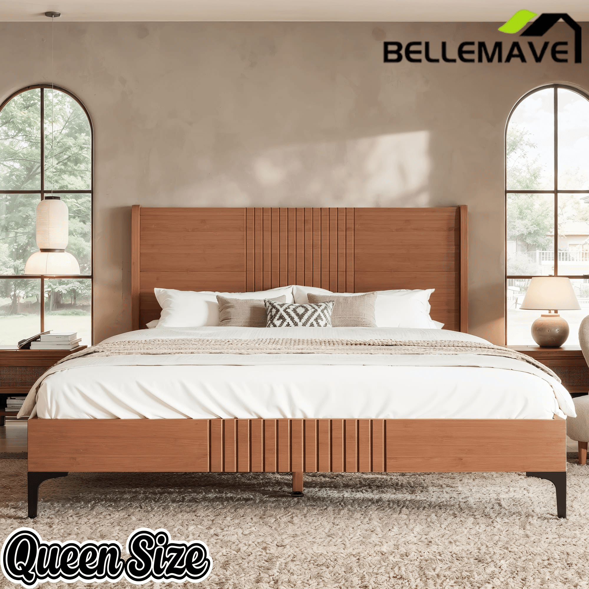 Bellemave® Solid Bamboo Platform Bed, Mid - Century Modern Bed Frame with Headboard, Round Corner Design - Bellemave