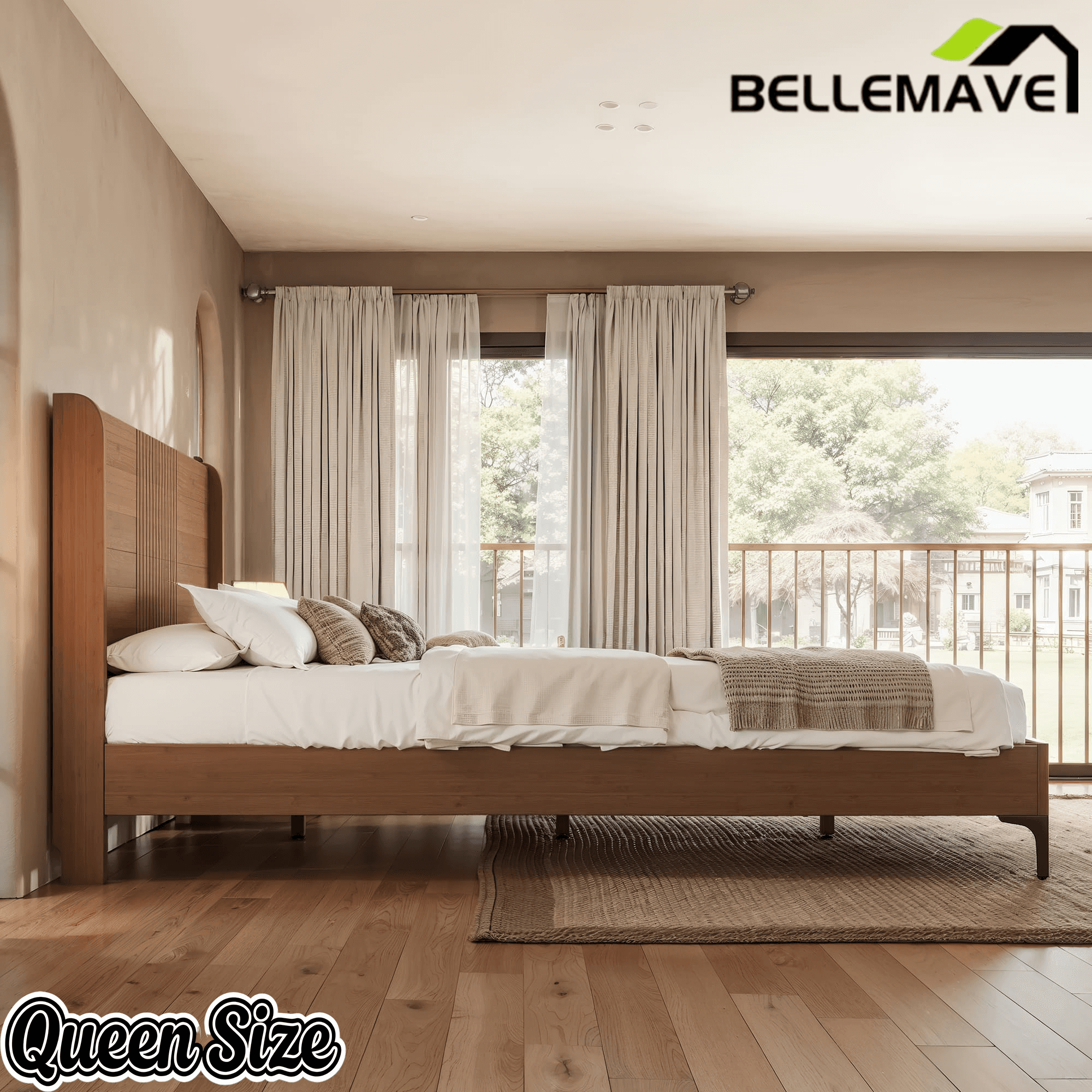 Bellemave® Solid Bamboo Platform Bed, Mid - Century Modern Bed Frame with Headboard, Round Corner Design - Bellemave