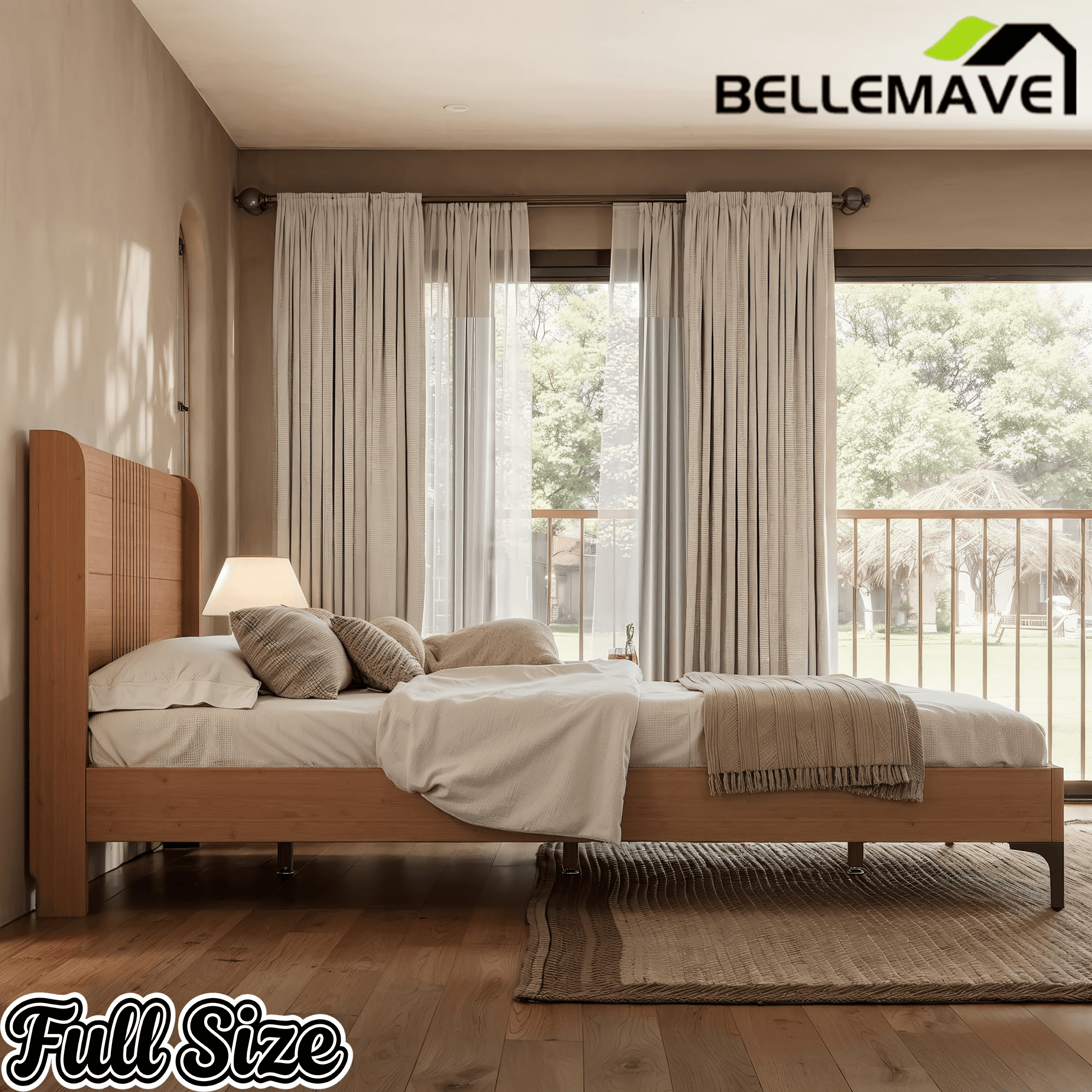 Bellemave® Solid Bamboo Platform Bed, Mid - Century Modern Bed Frame with Headboard, Round Corner Design - Bellemave