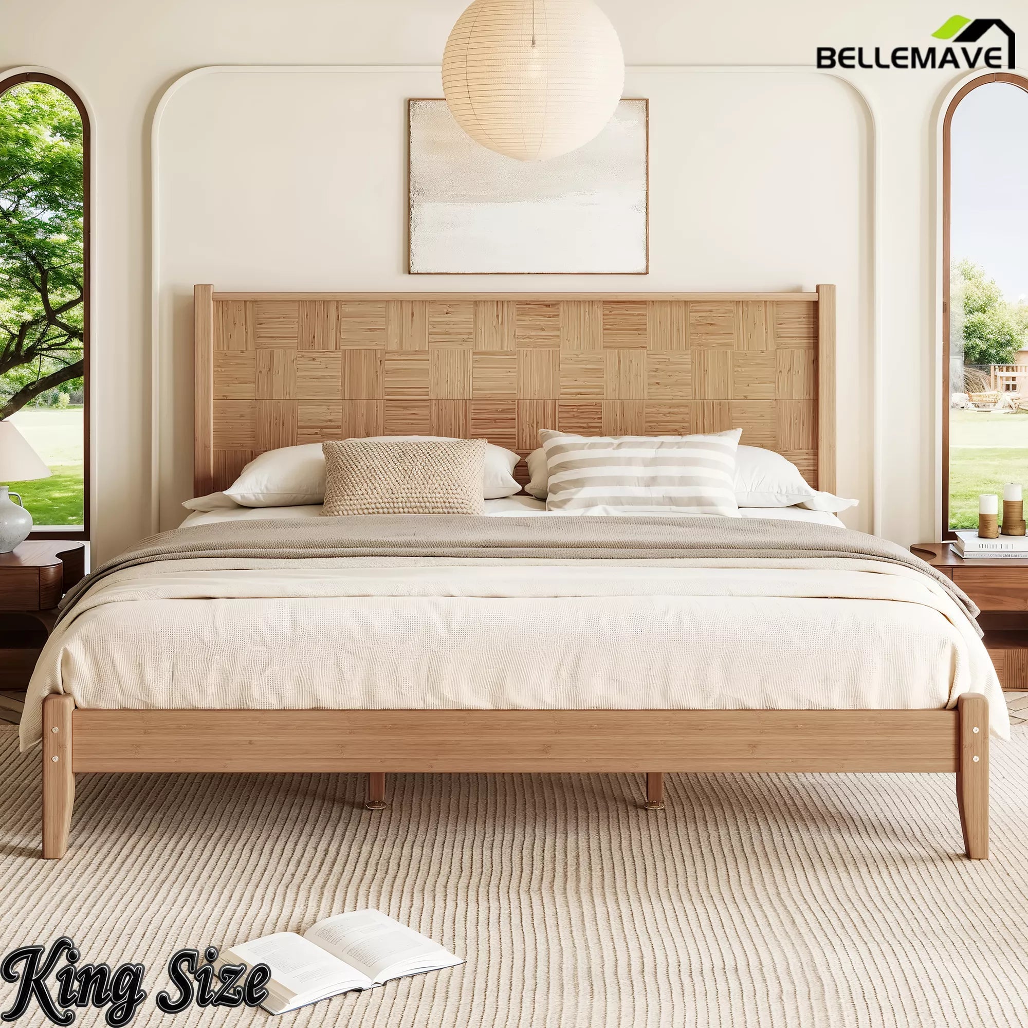 Bellemave® Solid Bamboo Platform Bed with Headboard, Natural Finish Bamboo Bed Frame with Support Slats, No Box Spring Needed - Bellemave