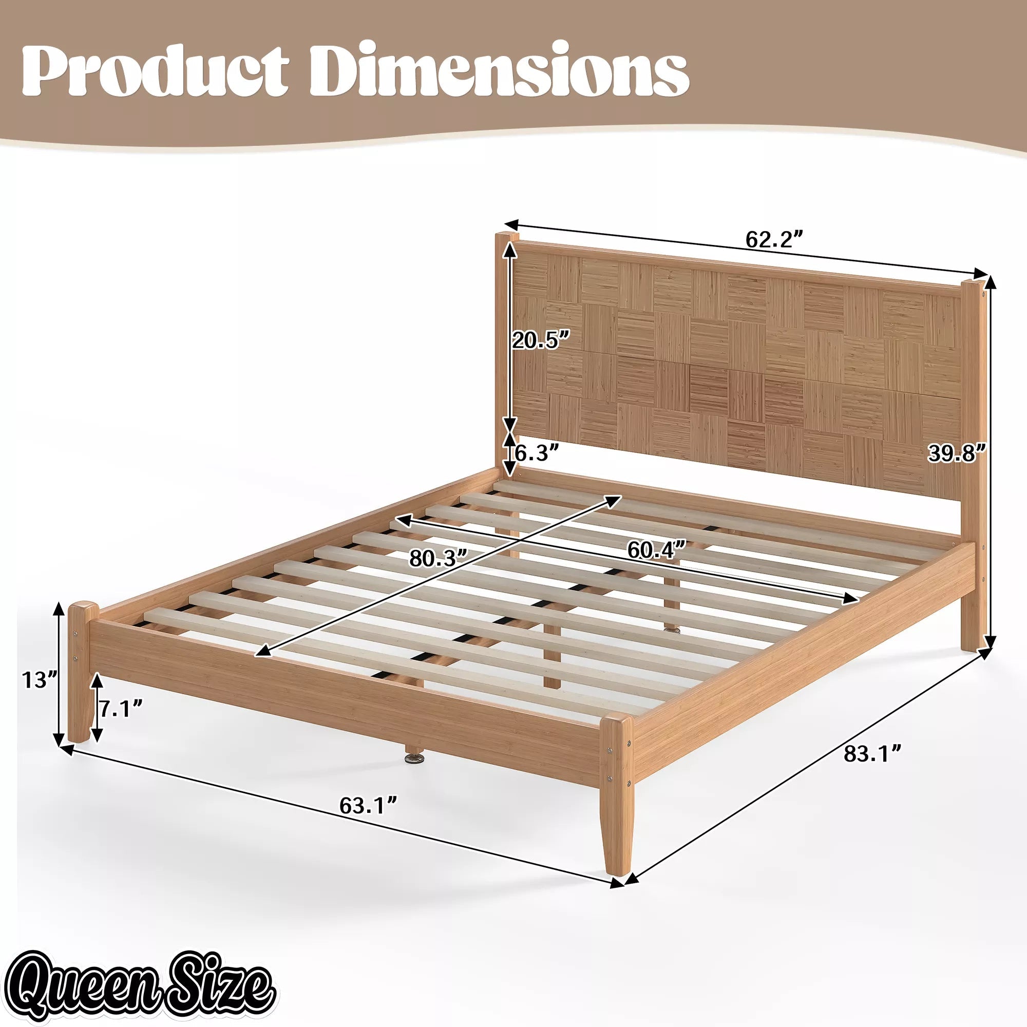 Bellemave® Solid Bamboo Platform Bed with Headboard, Natural Finish Bamboo Bed Frame with Support Slats, No Box Spring Needed - Bellemave