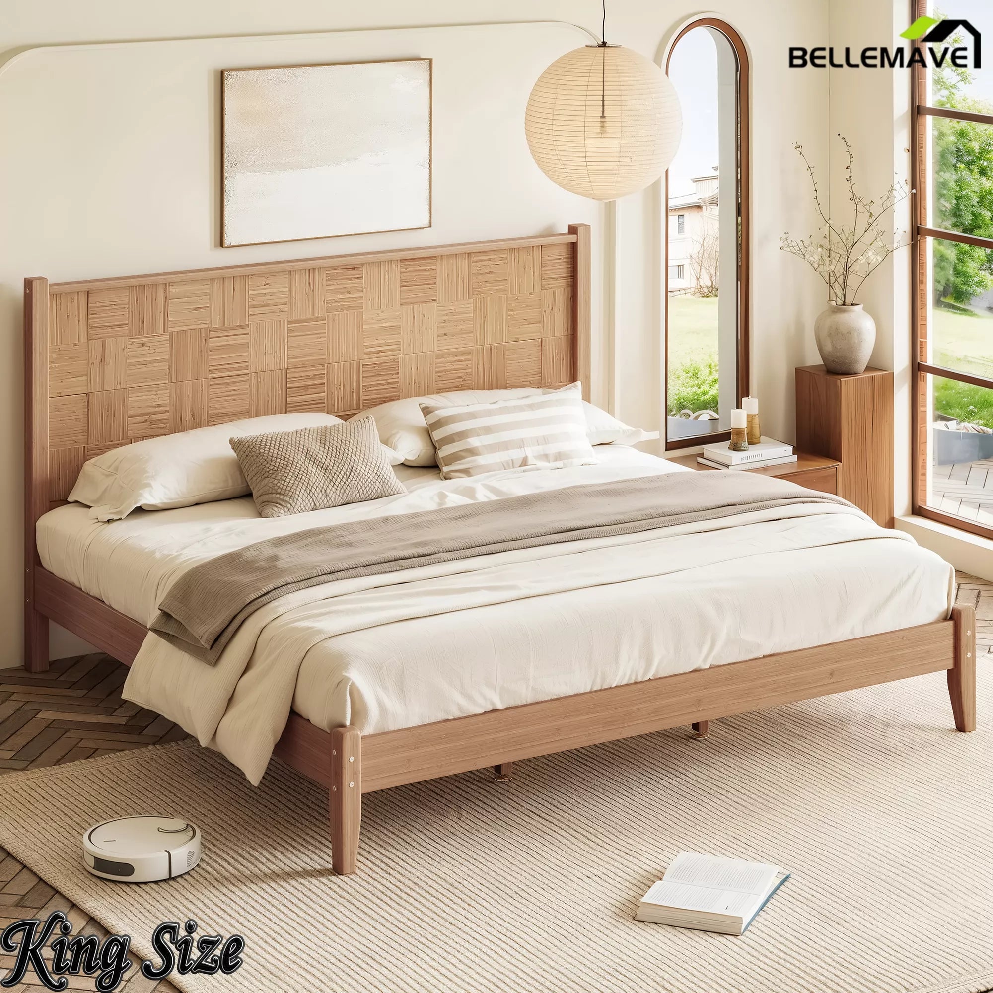 Bellemave® Solid Bamboo Platform Bed with Headboard, Natural Finish Bamboo Bed Frame with Support Slats, No Box Spring Needed - Bellemave