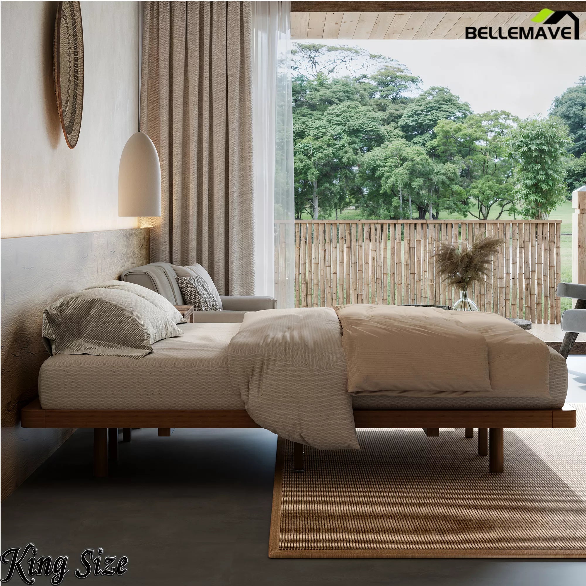 Side view of the King-size brown bamboo platform bed showing the low frame and support legs