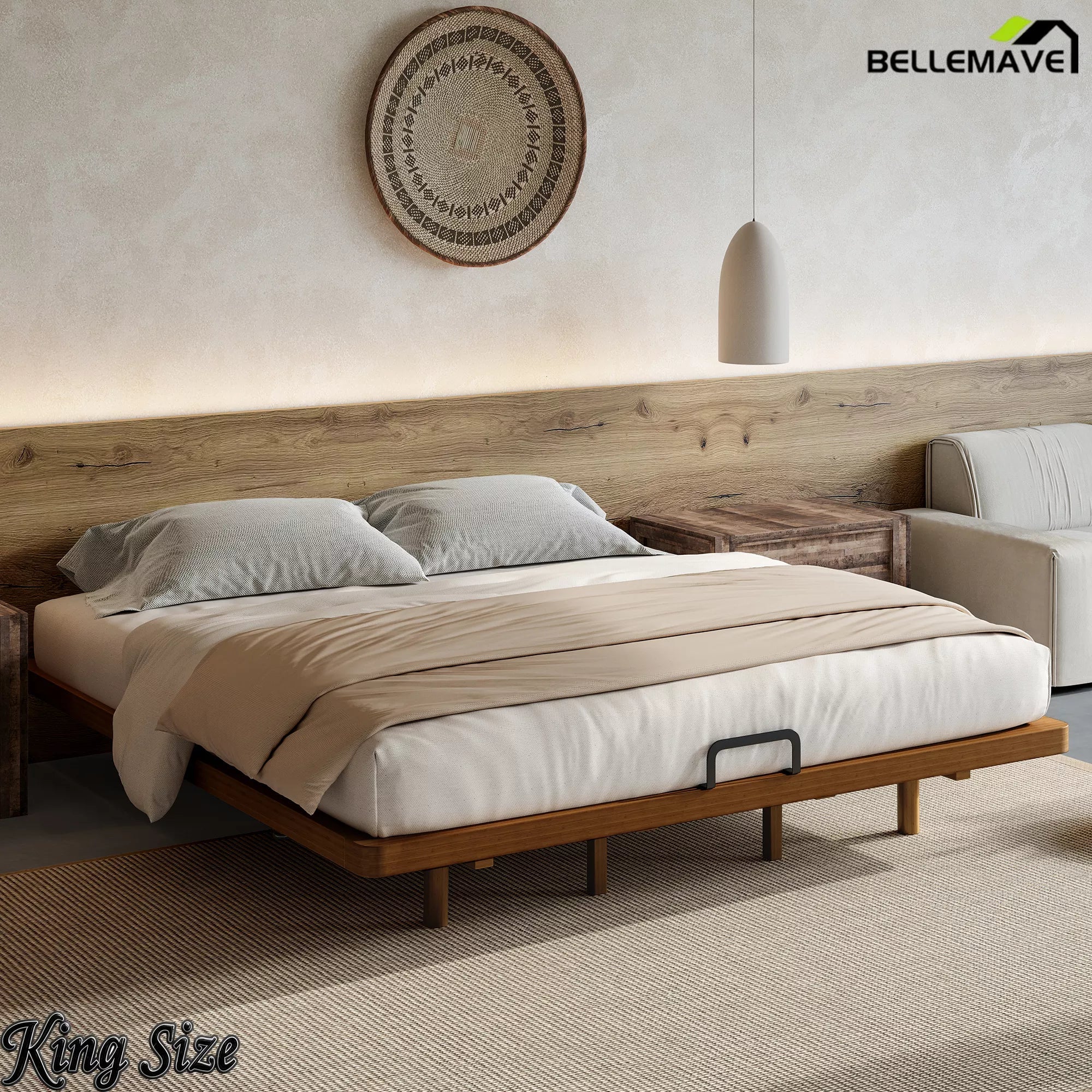Angled view of the King-size brown bamboo bed frame with rounded corners and a black mattress retainer bar