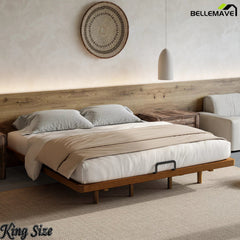 Angled view of the King-size brown bamboo bed frame with rounded corners and a black mattress retainer bar
