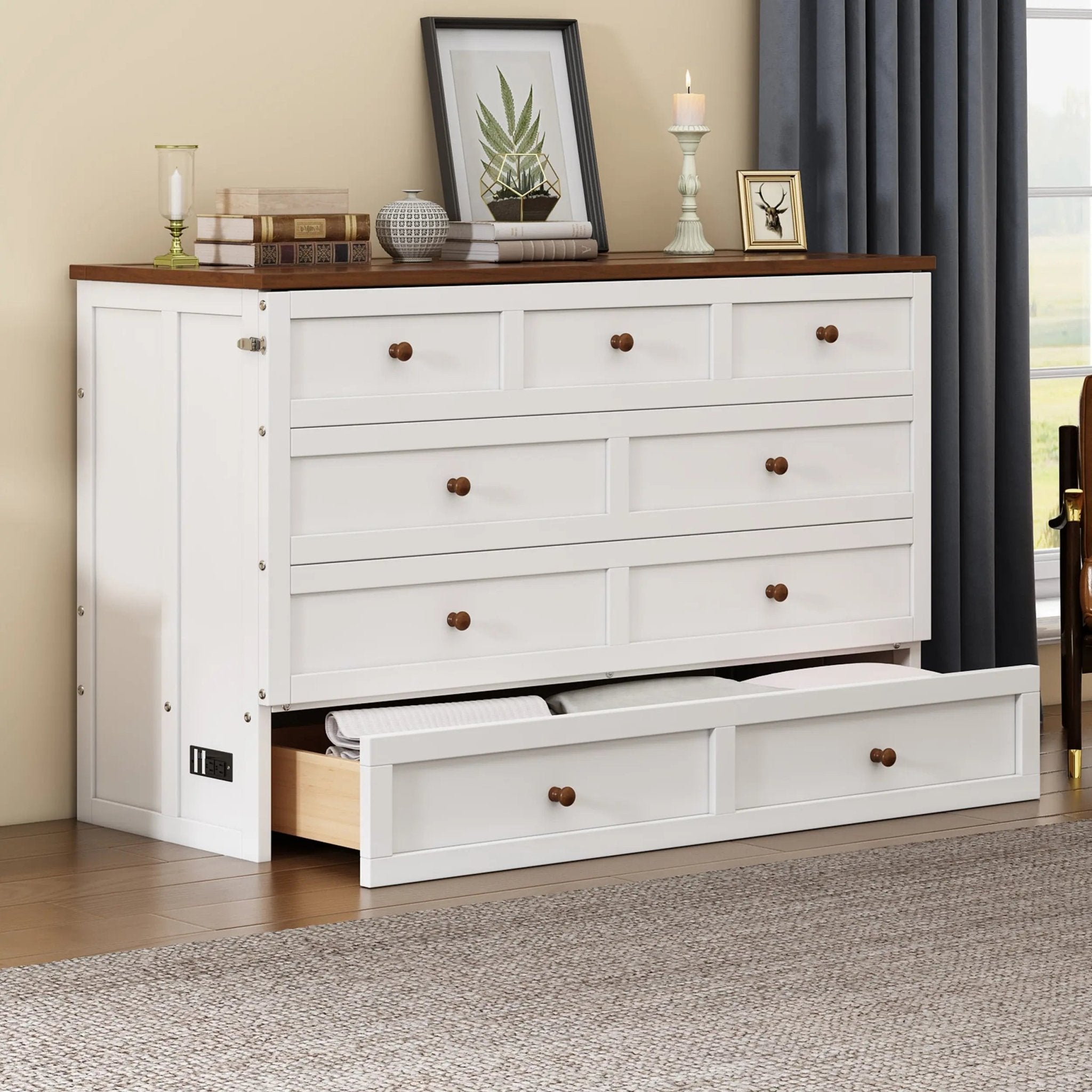 Bellemave® Solid Pine Murphy Bed Chest with Charging Station and Large Storage Drawer - Bellemave