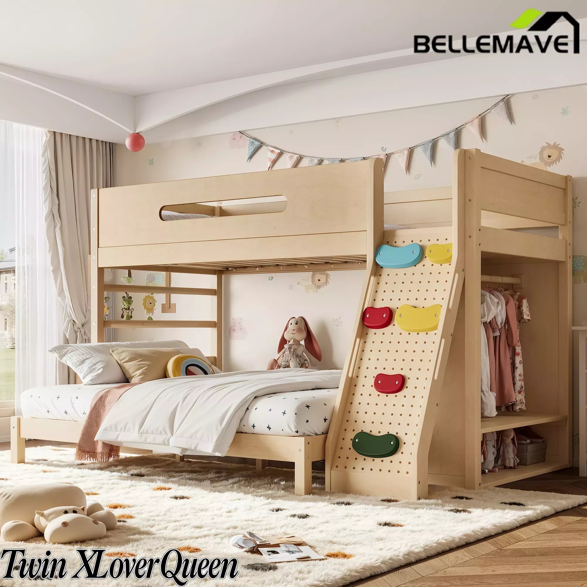 Bellemave® Solid Wood Bunk Bed with Built-in Wardrobe, Storage & Kids Climbing Wall, Full Safety Guardrails, Reinforced Wood Slats - Bellemave