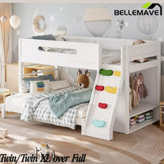 Bellemave® Solid Wood Bunk Bed with Built-in Wardrobe, Storage & Kids Climbing Wall, Full Safety Guardrails, Reinforced Wood Slats - Bellemave