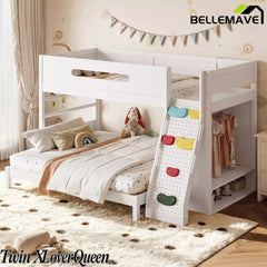 Bellemave® Solid Wood Bunk Bed with Built-in Wardrobe, Storage & Kids Climbing Wall, Full Safety Guardrails, Reinforced Wood Slats - Bellemave