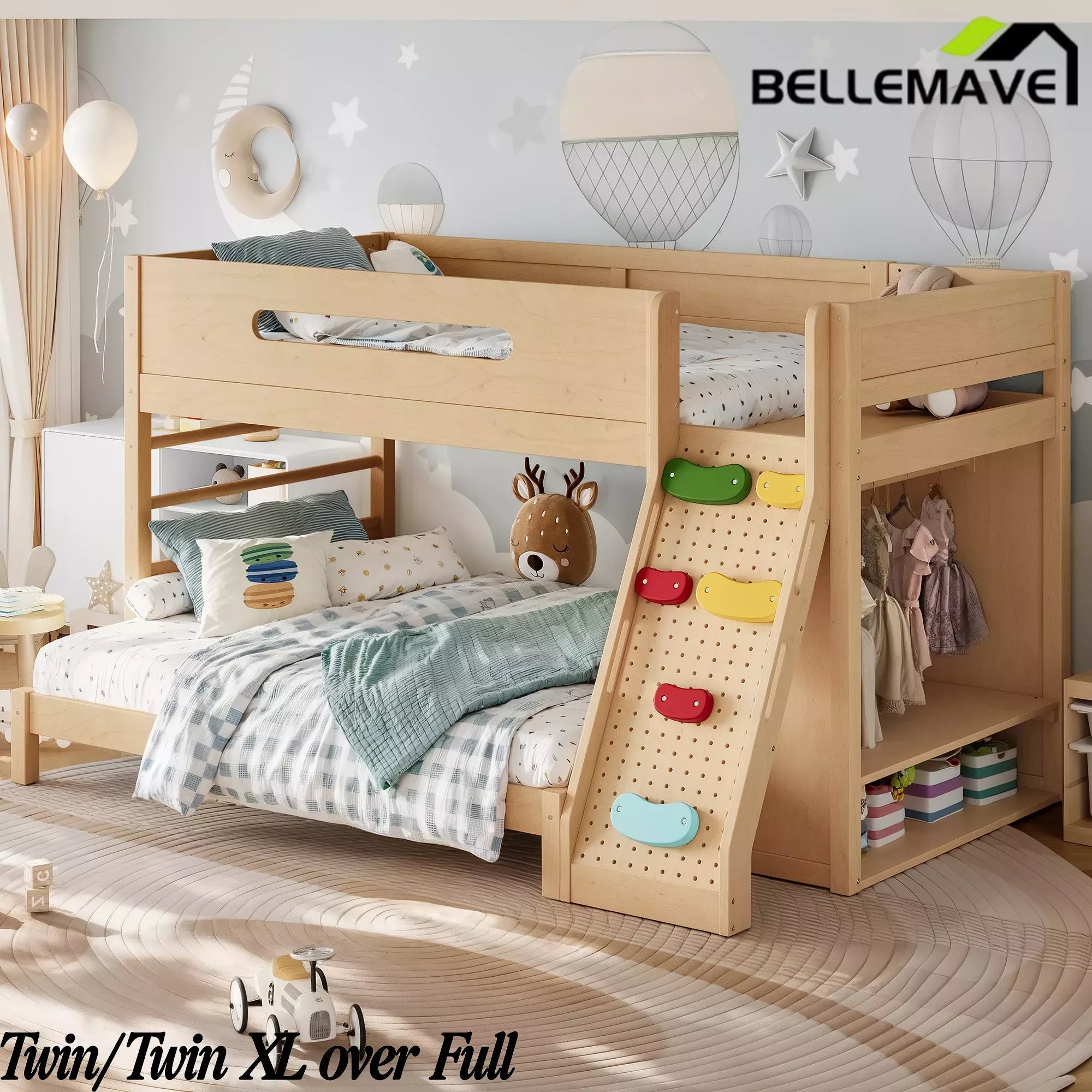 Bellemave® Solid Wood Bunk Bed with Built-in Wardrobe, Storage & Kids Climbing Wall, Full Safety Guardrails, Reinforced Wood Slats - Bellemave