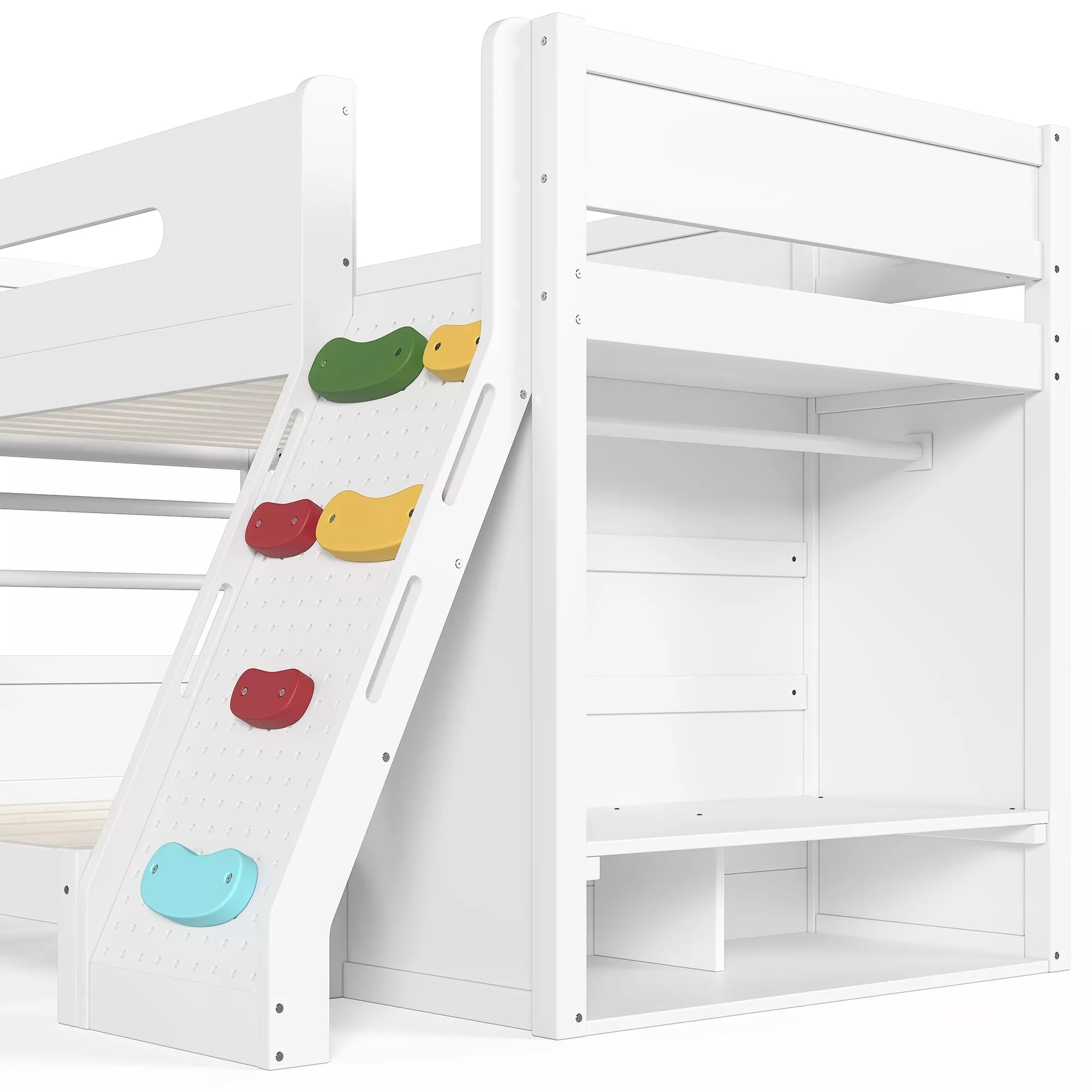 Bellemave® Solid Wood Bunk Bed with Built-in Wardrobe, Storage & Kids Climbing Wall, Full Safety Guardrails, Reinforced Wood Slats - Bellemave