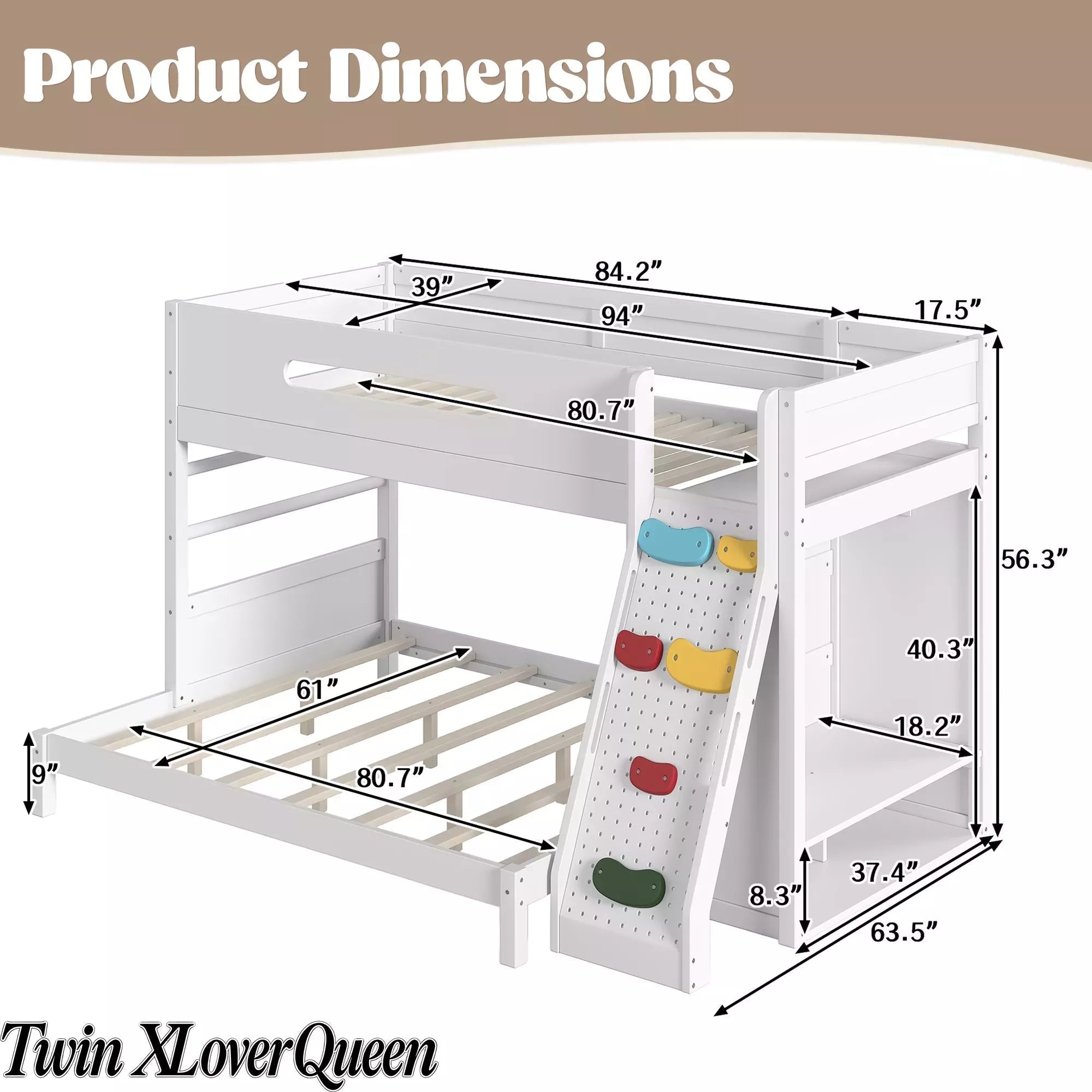 Bellemave® Solid Wood Bunk Bed with Built-in Wardrobe, Storage & Kids Climbing Wall, Full Safety Guardrails, Reinforced Wood Slats - Bellemave