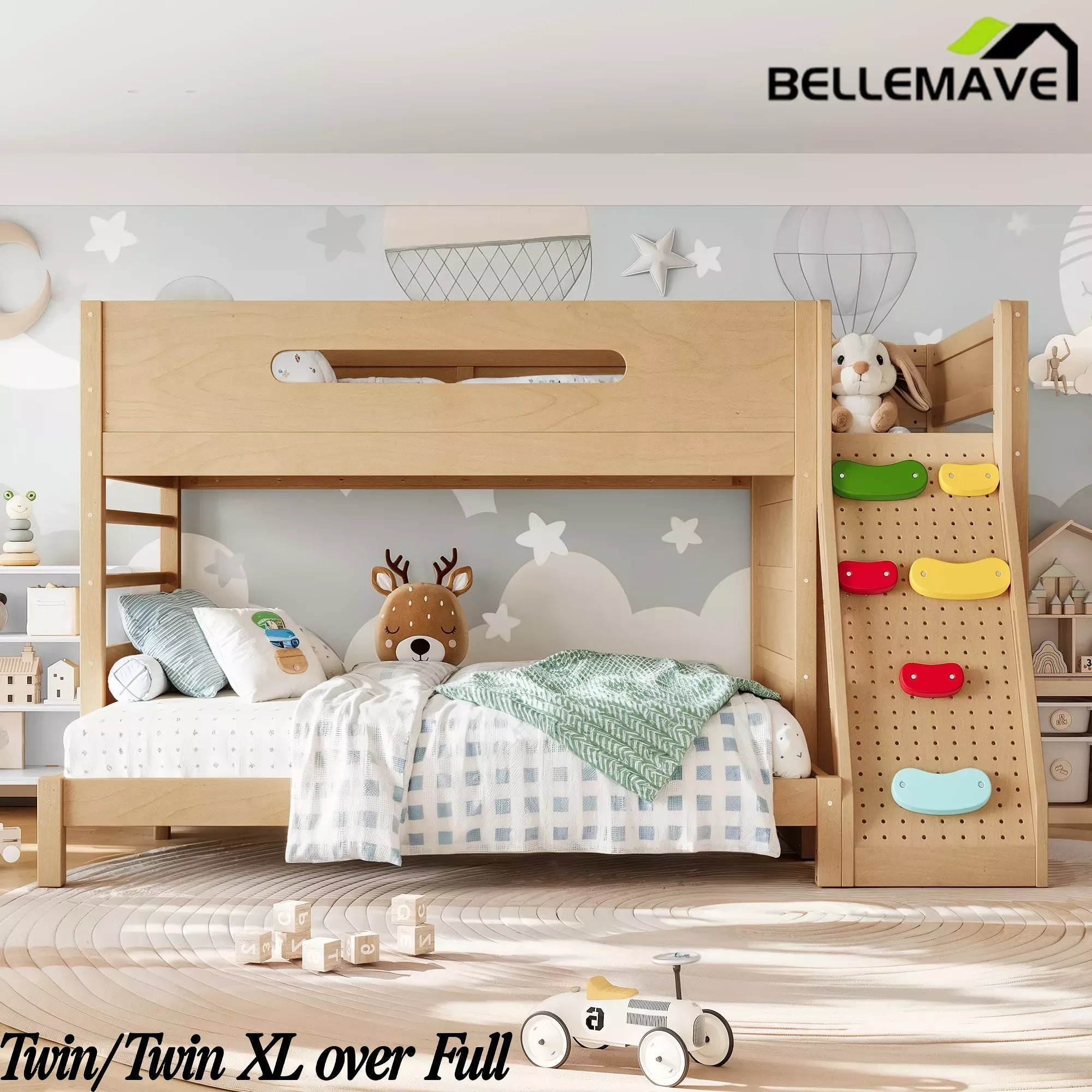 Bellemave® Solid Wood Bunk Bed with Built-in Wardrobe, Storage & Kids Climbing Wall, Full Safety Guardrails, Reinforced Wood Slats - Bellemave