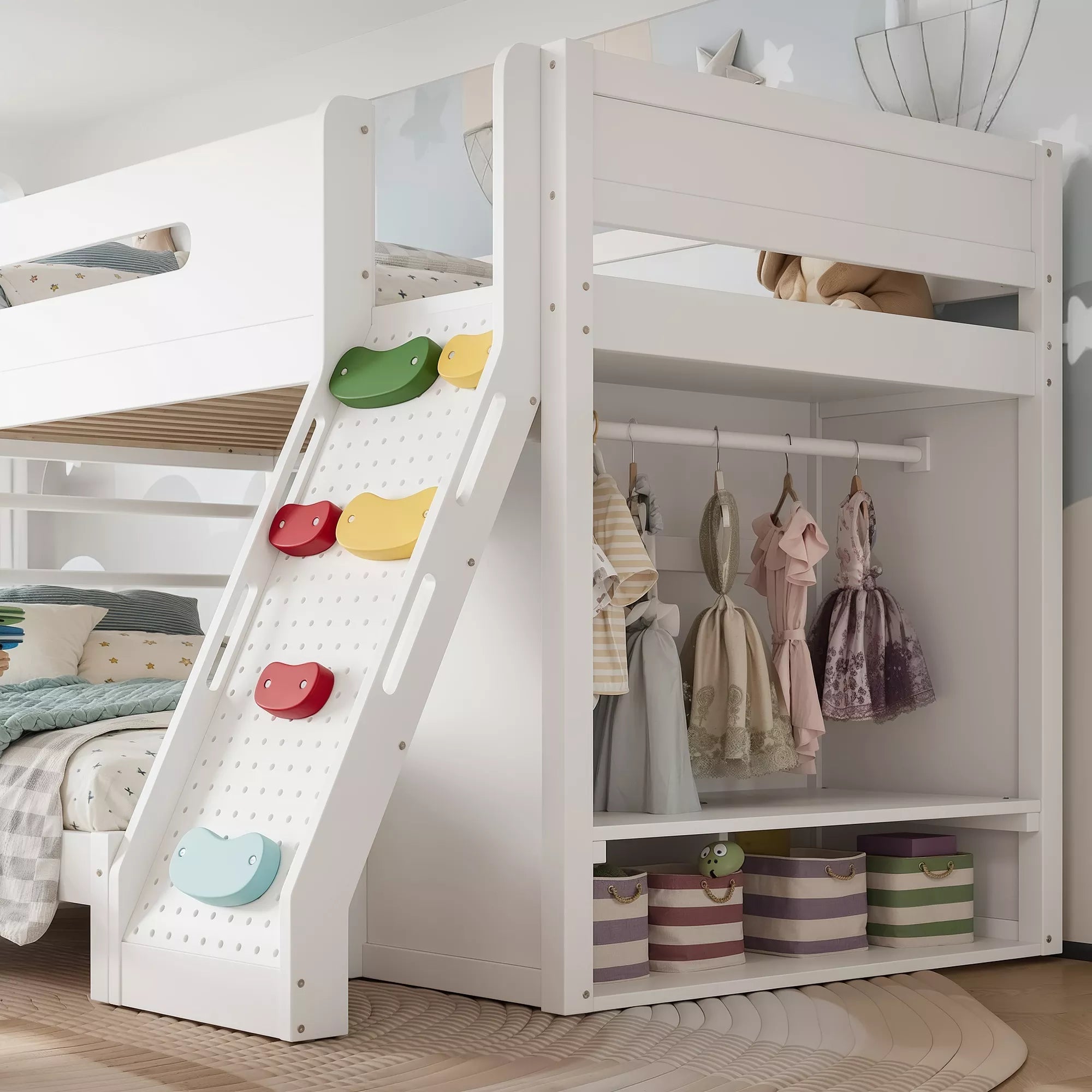Bellemave® Solid Wood Bunk Bed with Built-in Wardrobe, Storage & Kids Climbing Wall, Full Safety Guardrails, Reinforced Wood Slats - Bellemave
