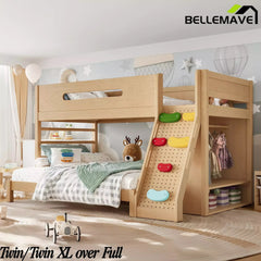 Bellemave® Solid Wood Bunk Bed with Built-in Wardrobe, Storage & Kids Climbing Wall, Full Safety Guardrails, Reinforced Wood Slats - Bellemave