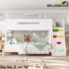 Bellemave® Solid Wood Bunk Bed with Built-in Wardrobe, Storage & Kids Climbing Wall, Full Safety Guardrails, Reinforced Wood Slats - Bellemave