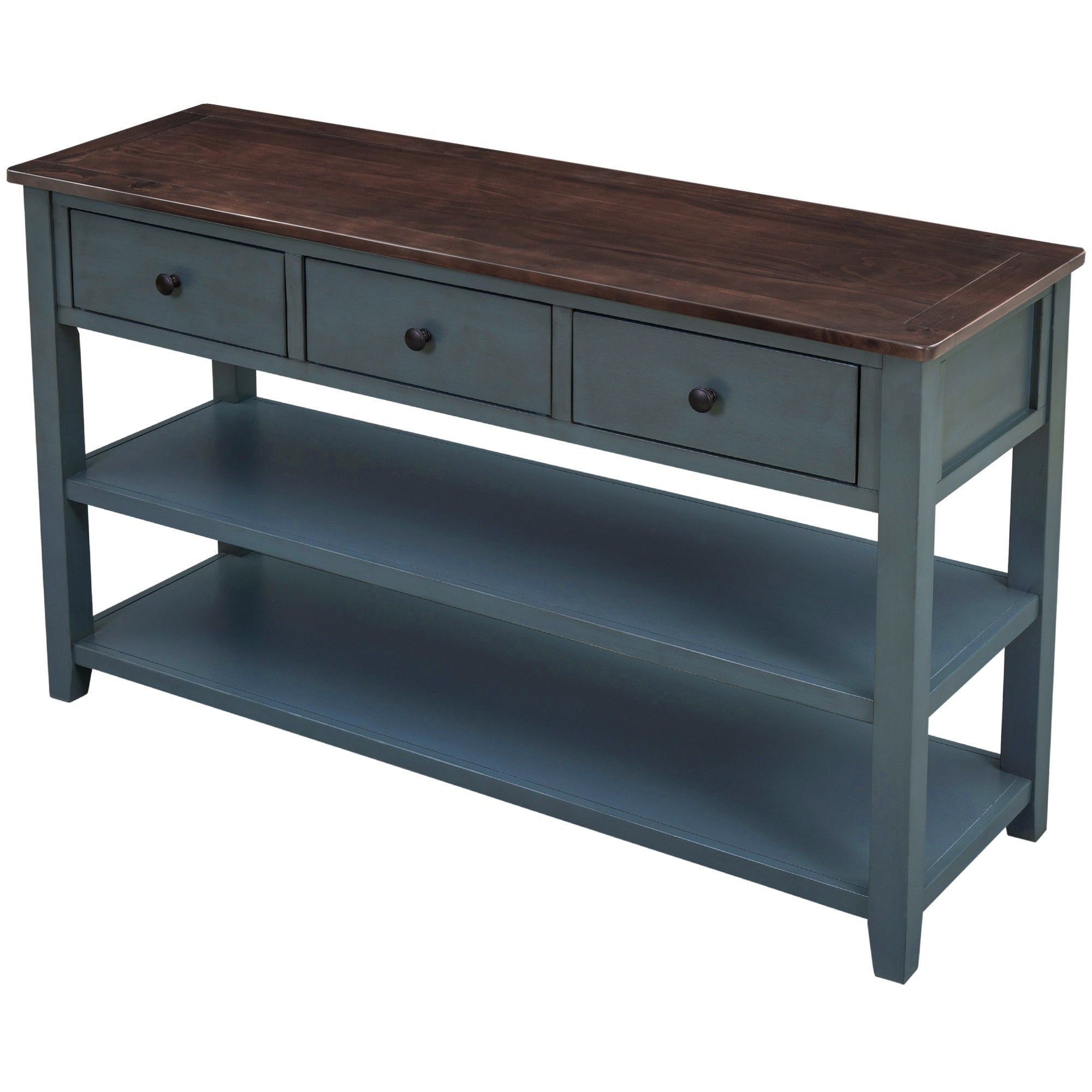 Bellemave® Solid Wood Console Table with Drawers, Retro Entryway Table with 3 Drawers and 2 Open Storage Shelves, Narrow Long Sofa Table, Navy - Bellemave
