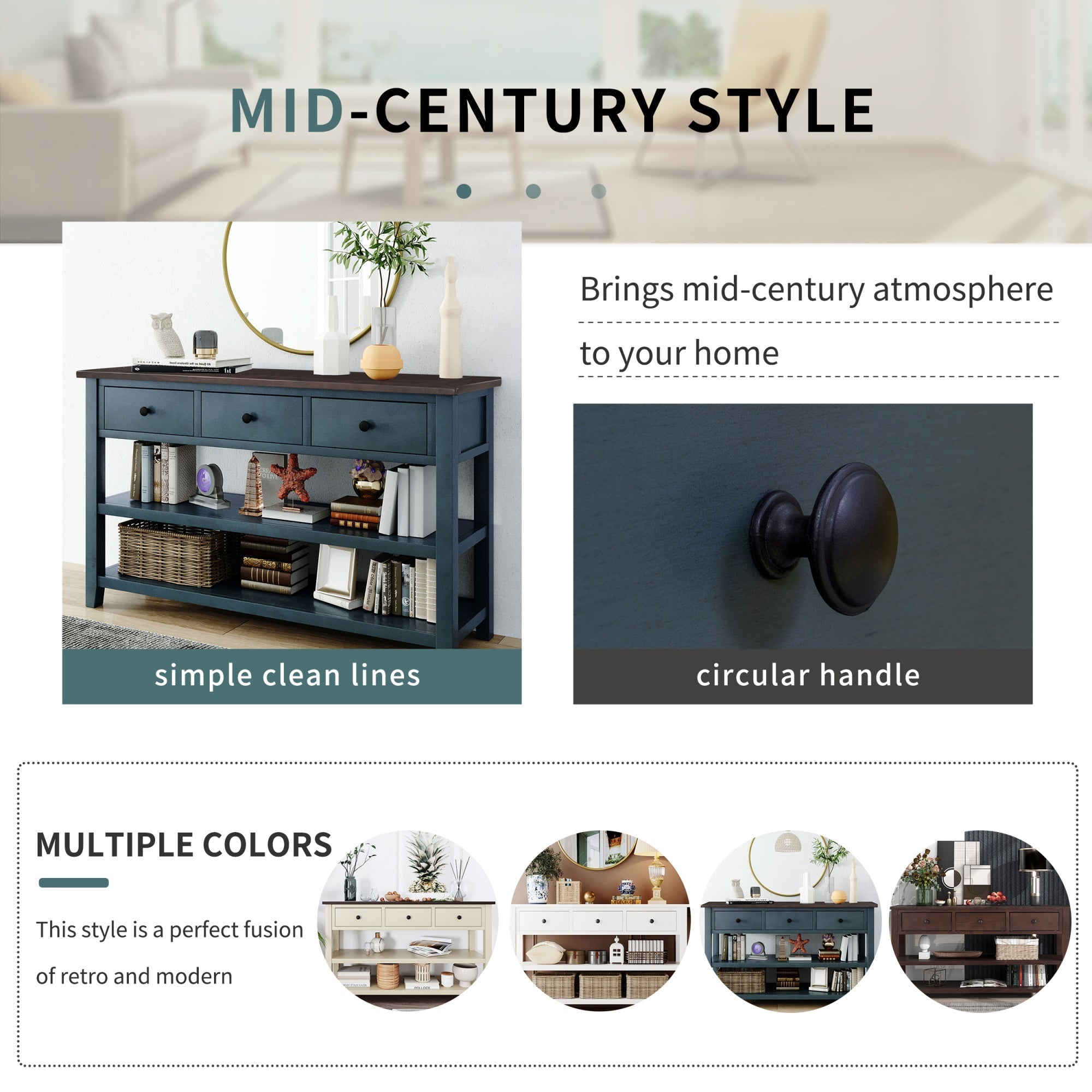 Bellemave® Solid Wood Console Table with Drawers, Retro Entryway Table with 3 Drawers and 2 Open Storage Shelves, Narrow Long Sofa Table, Navy - Bellemave