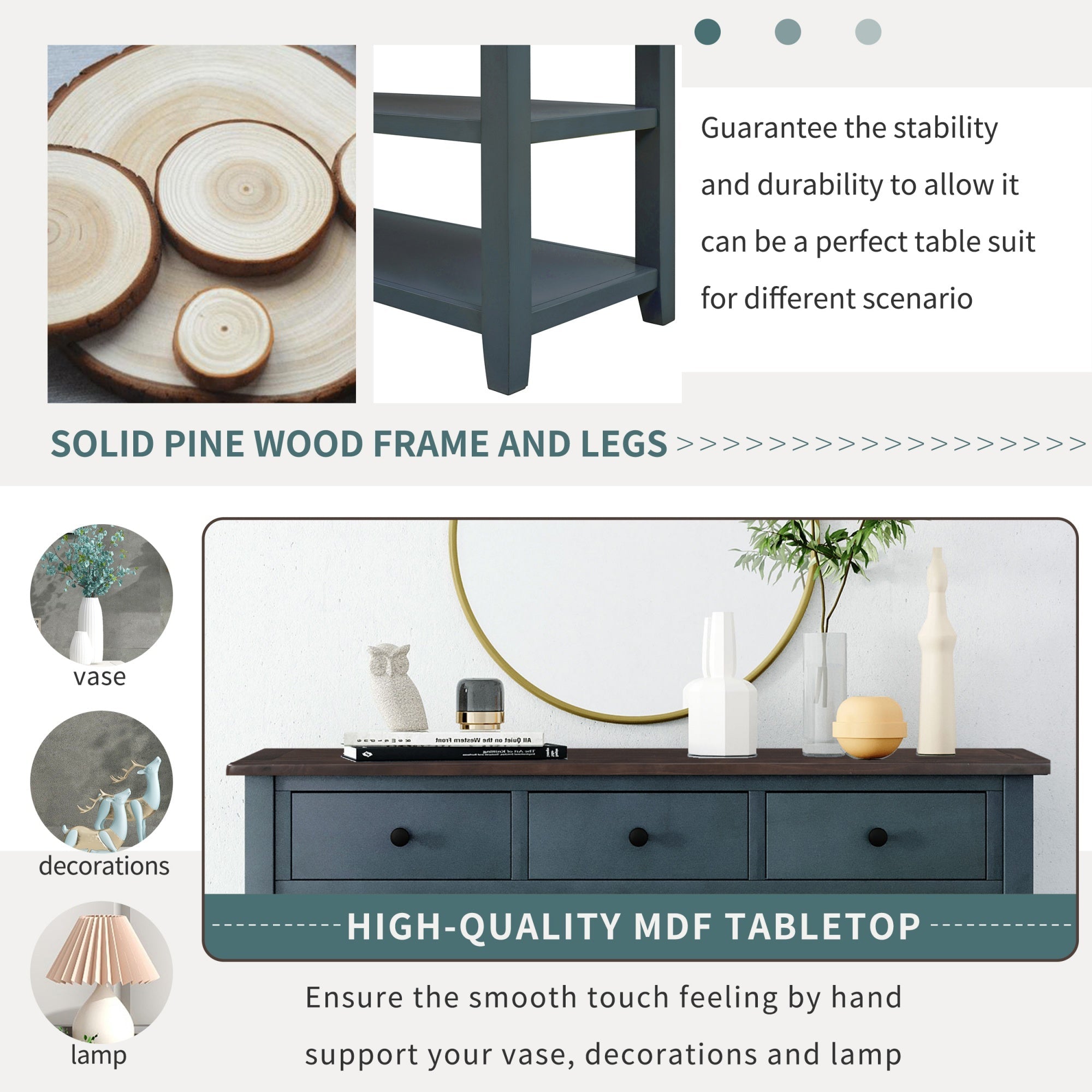 Bellemave® Solid Wood Console Table with Drawers, Retro Entryway Table with 3 Drawers and 2 Open Storage Shelves, Narrow Long Sofa Table, Navy - Bellemave