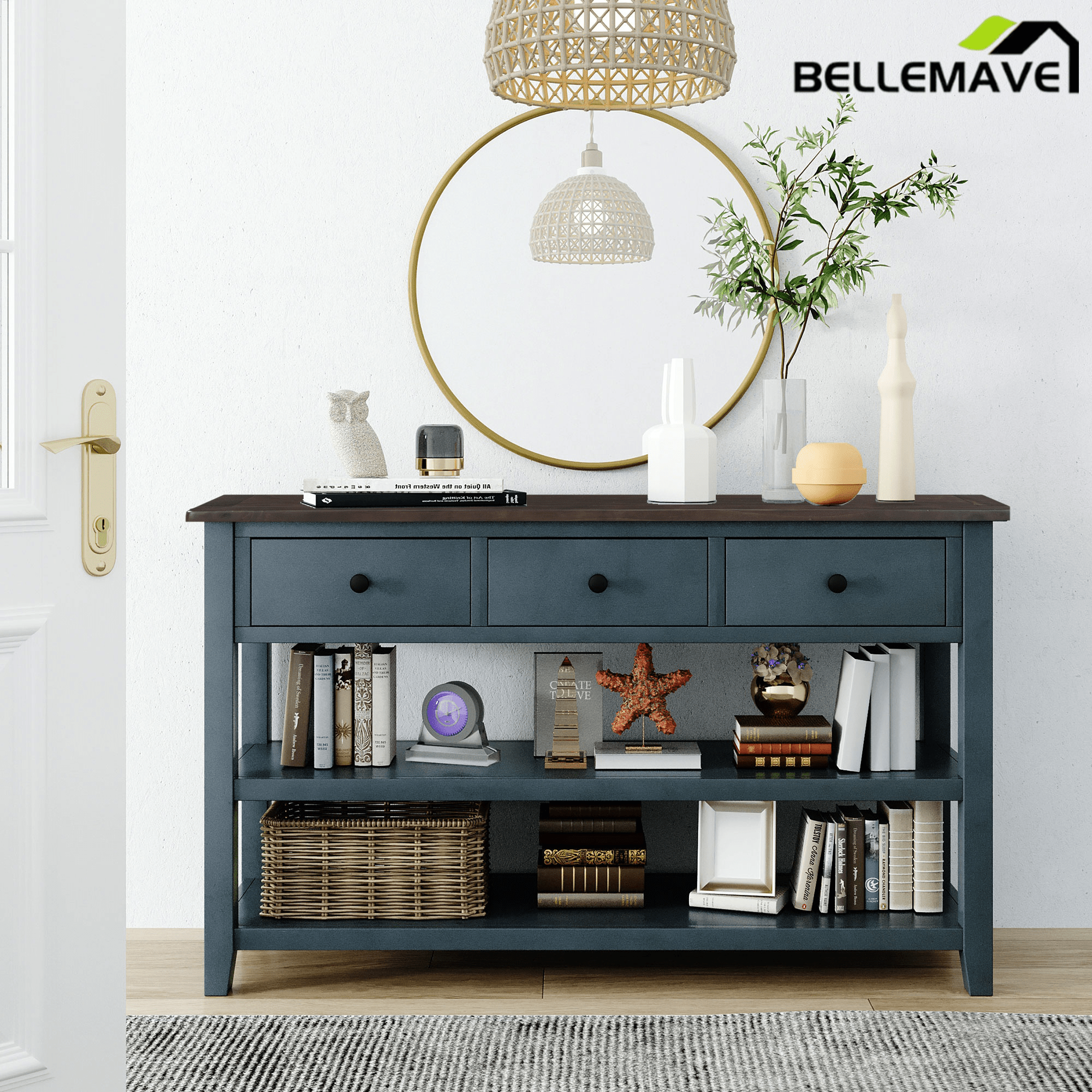 Bellemave® Solid Wood Console Table with Drawers, Retro Entryway Table with 3 Drawers and 2 Open Storage Shelves, Narrow Long Sofa Table, Navy - Bellemave