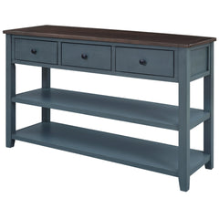 Bellemave® Solid Wood Console Table with Drawers, Retro Entryway Table with 3 Drawers and 2 Open Storage Shelves, Narrow Long Sofa Table, Navy - Bellemave