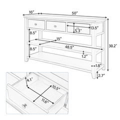 Bellemave® Solid Wood Console Table with Drawers, Retro Entryway Table with 3 Drawers and 2 Open Storage Shelves, Narrow Long Sofa Table, Navy - Bellemave