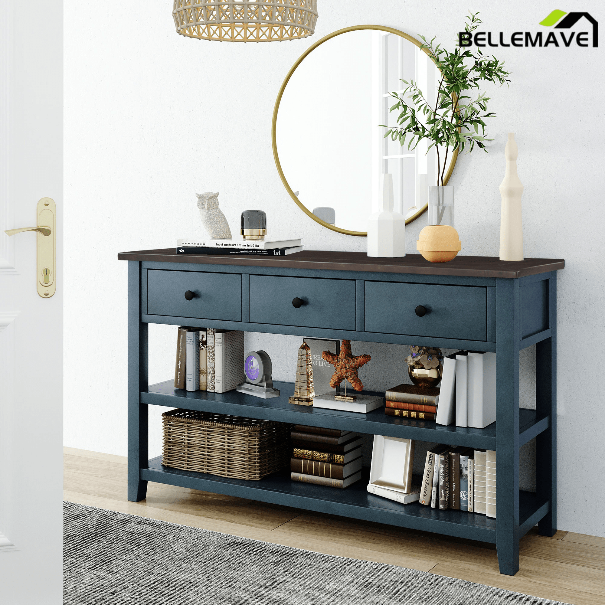 Bellemave® Solid Wood Console Table with Drawers, Retro Entryway Table with 3 Drawers and 2 Open Storage Shelves, Narrow Long Sofa Table, Navy - Bellemave