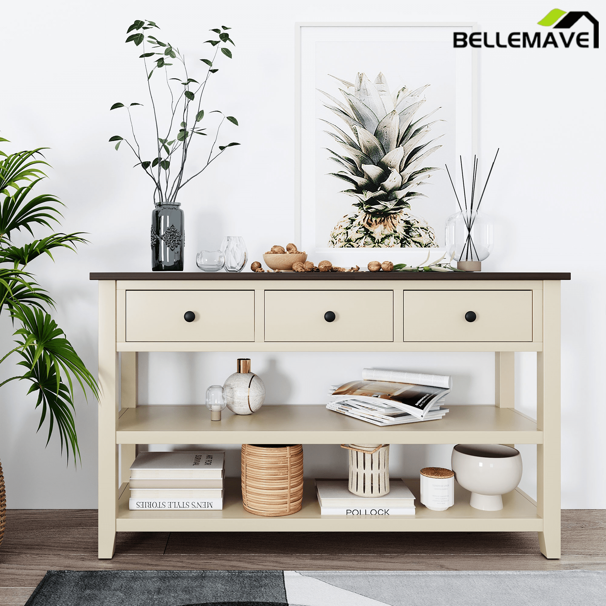 Bellemave® Solid Wood Console Table with Drawers, Retro Entryway Table with 3 Drawers and 2 Open Storage Shelves, Narrow Long Sofa Table, Navy - Bellemave