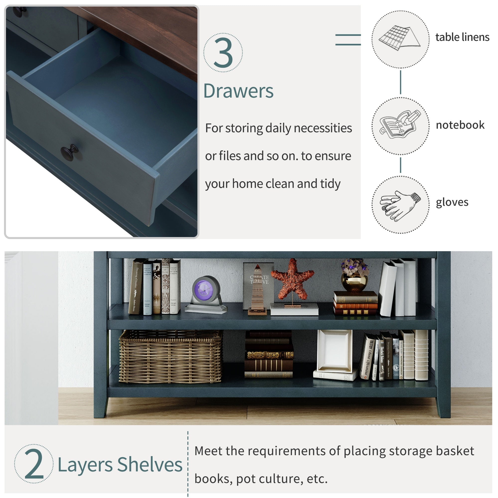 Bellemave® Solid Wood Console Table with Drawers, Retro Entryway Table with 3 Drawers and 2 Open Storage Shelves, Narrow Long Sofa Table, Navy - Bellemave